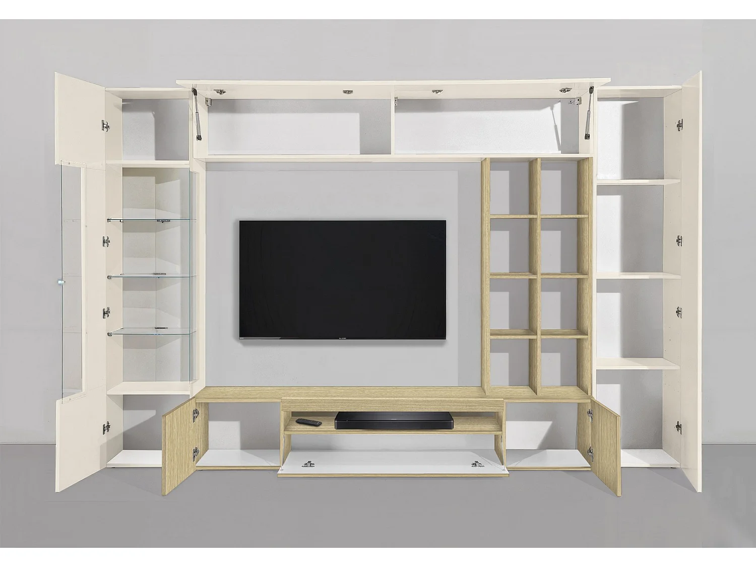 Parete Attrezzata Sabbia, 14 Ripiani Made in Italy, Marrone Rovere, Mobile Soggiorno, 6 Ante, set Componibile