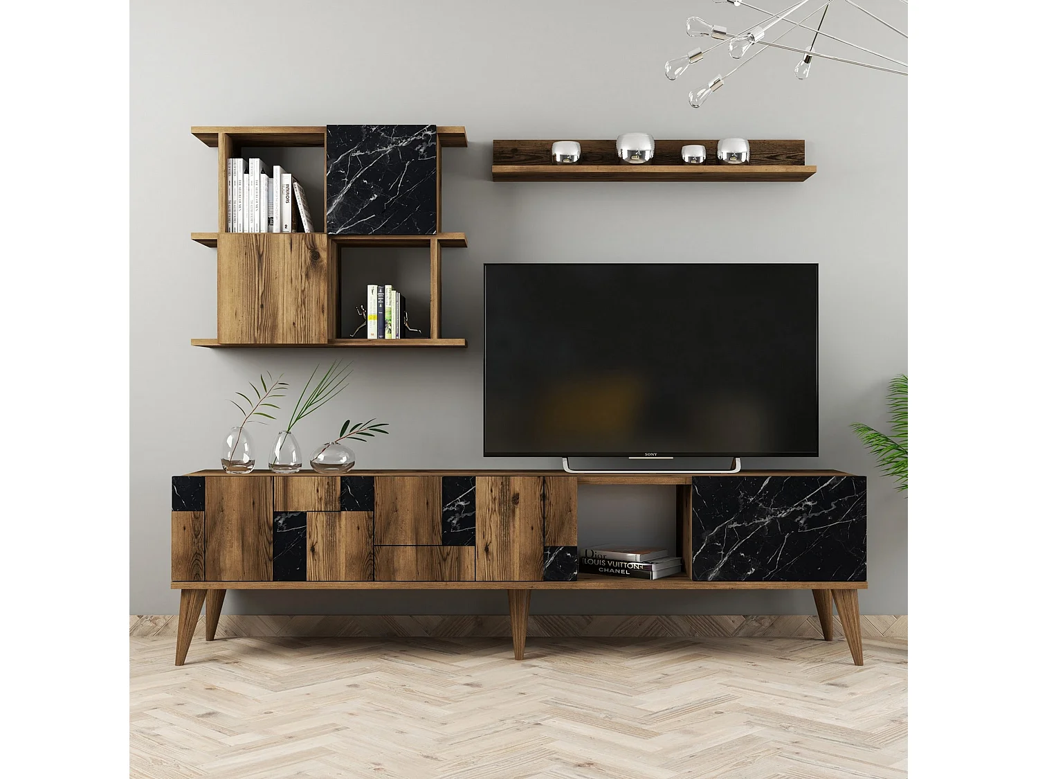 Parete Attrezzata Casaluce, Modulabile, Marrone Noce, Mobile Soggiorno, 9 Ripiani, 7 Vani