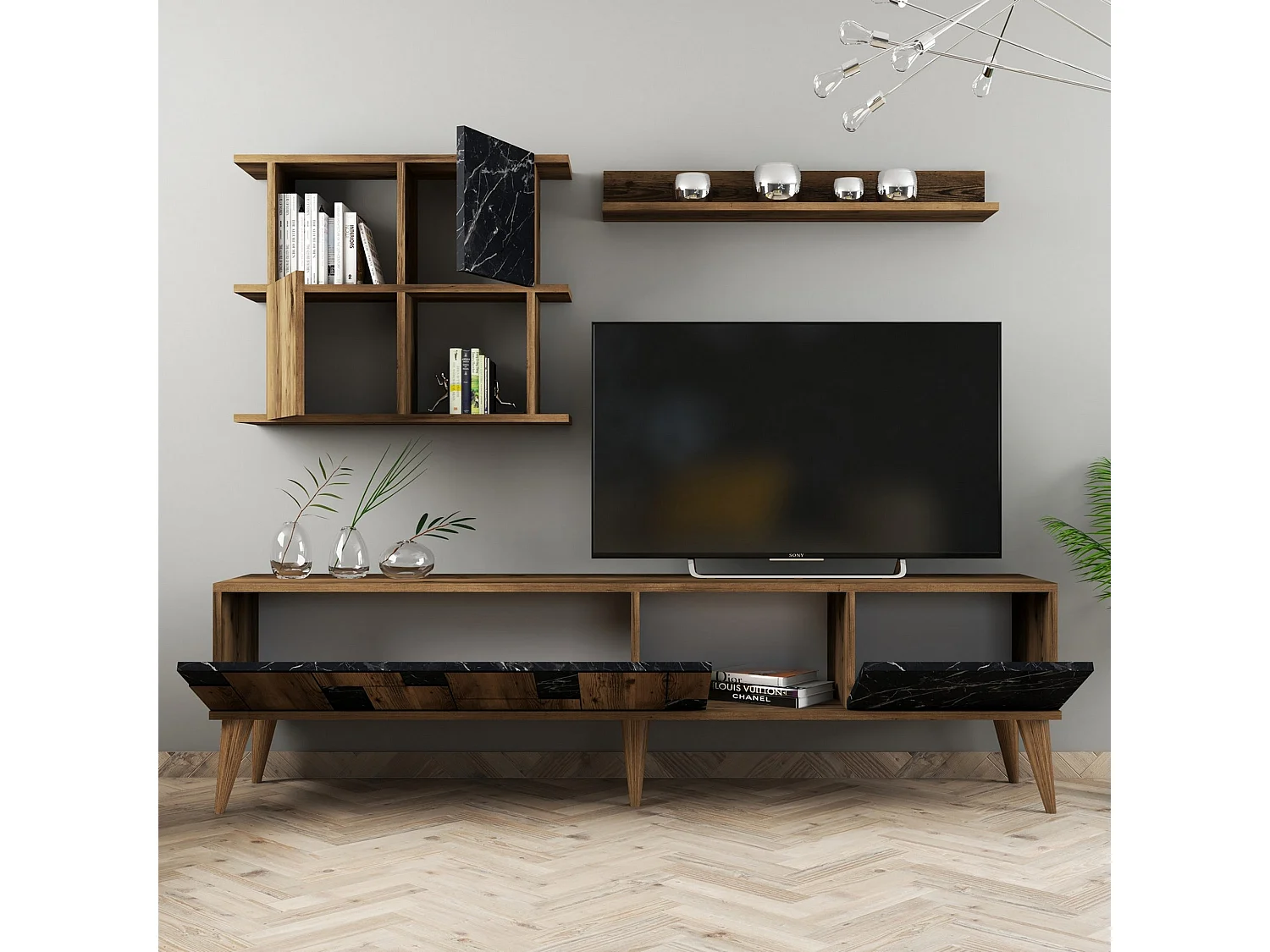 Parete Attrezzata Casaluce, Modulabile, Marrone Noce, Mobile Soggiorno, 9 Ripiani, 7 Vani