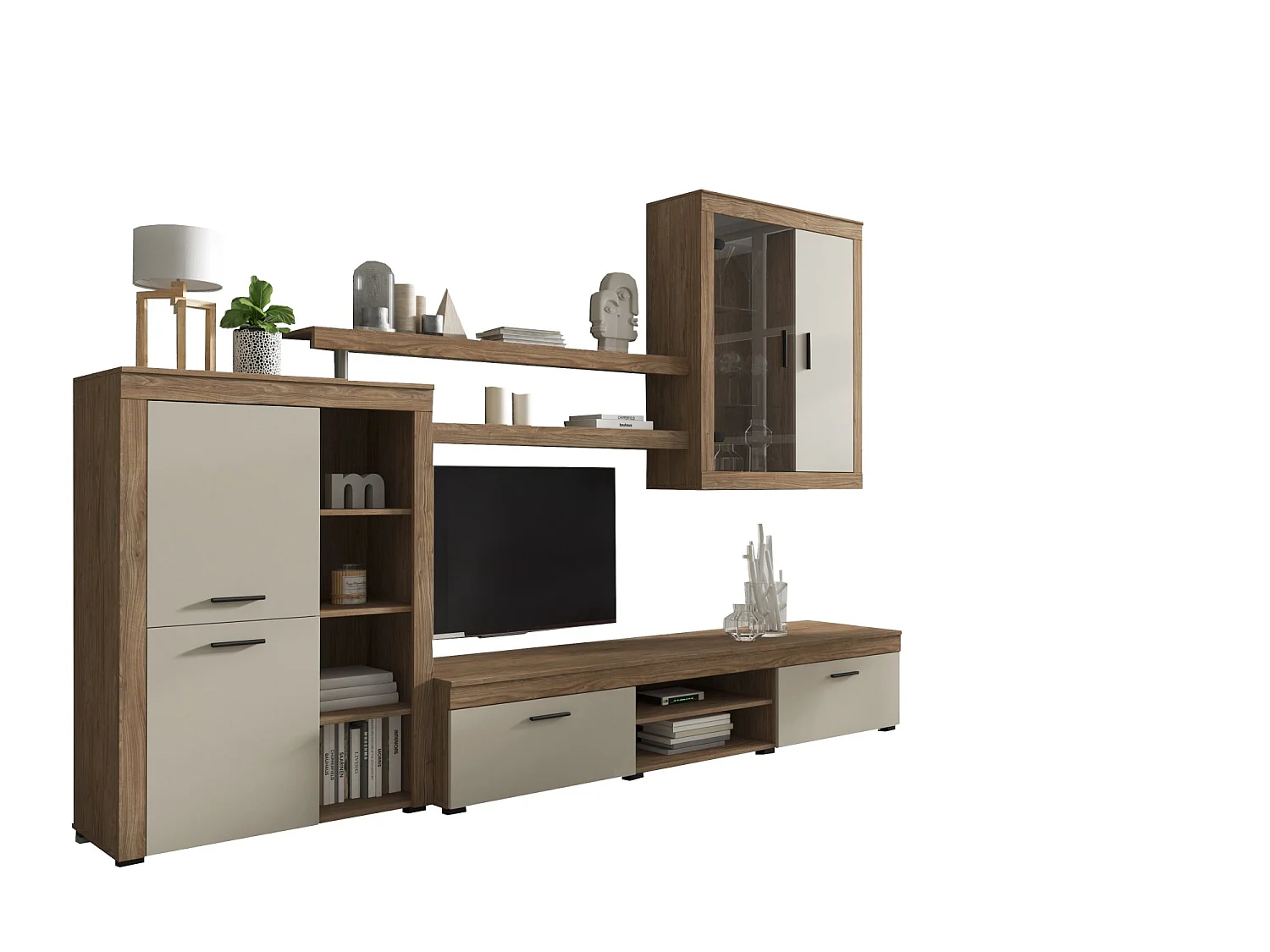 Mur d'Unités Casies, 11 Étagères, Chêne Brun, Meuble Salon, Modulable, 18 Compartiments