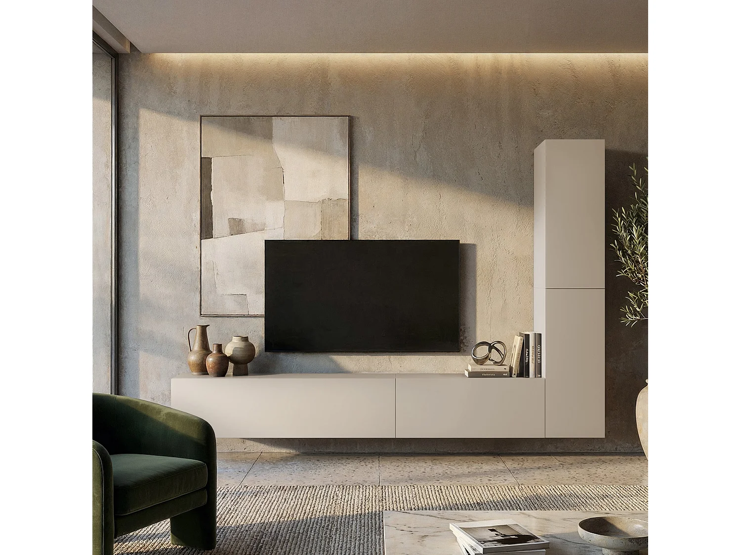 Parete Attrezzata Gatafa, Modulabile, Beige, Mobile Soggiorno, 4 Ripiani, Apertura Battente