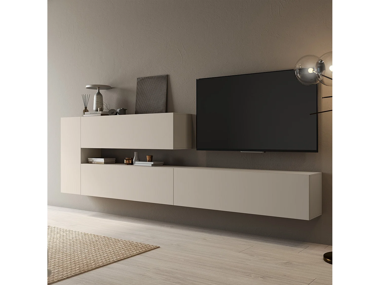 Parete Attrezzata Gatafa, Modulabile, Beige, Mobile Soggiorno, 4 Ripiani, Apertura Battente