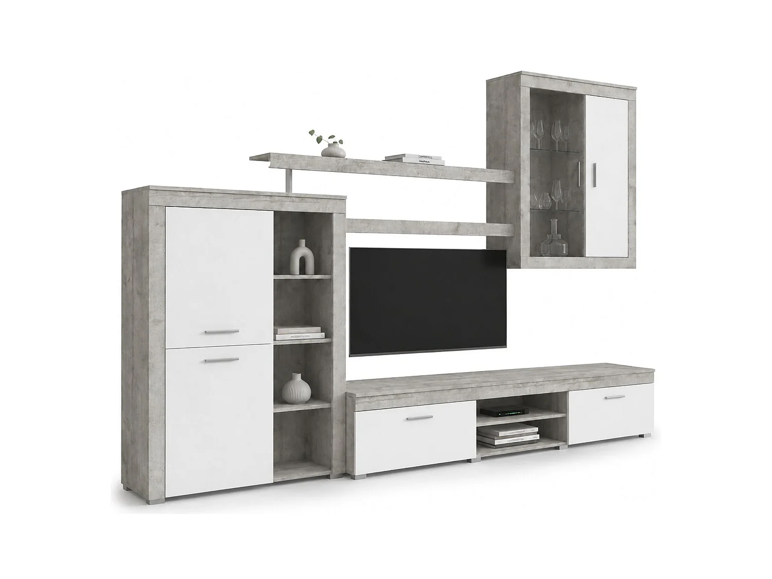 Parete Attrezzata Casies, 11 Ripiani, Grigio Cemento, Mobile Soggiorno, Modulabile, 18 Vani