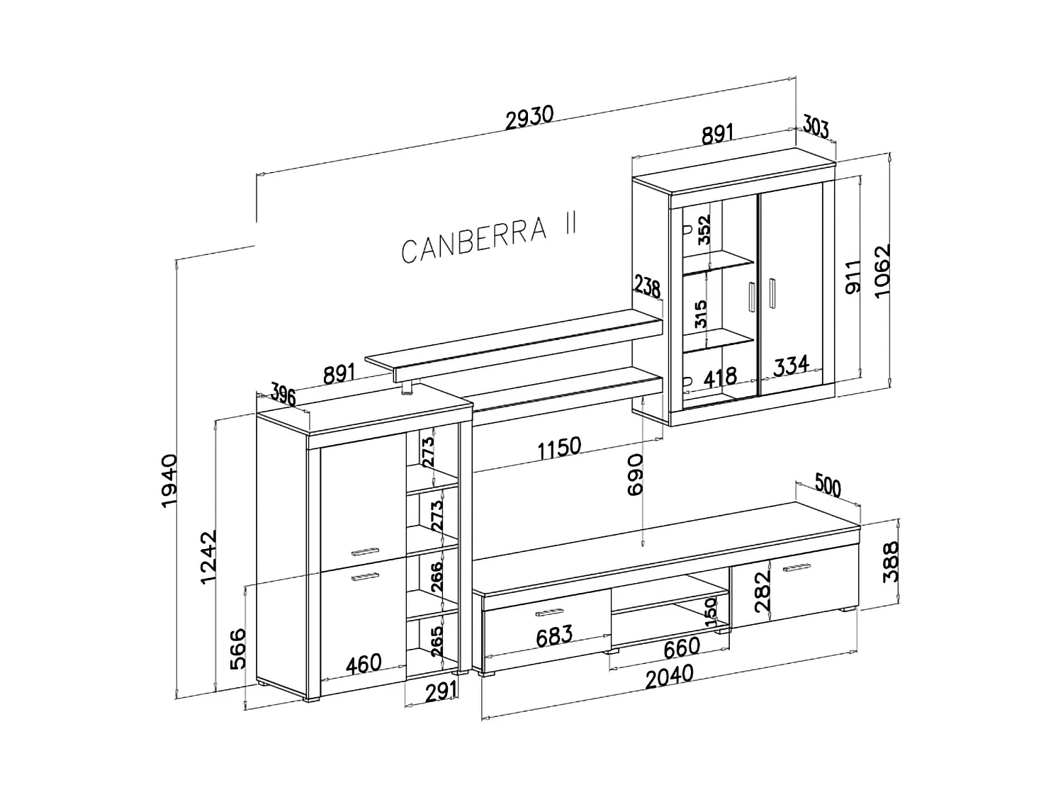 Parete Attrezzata Casies, 11 Ripiani, Grigio Cemento, Mobile Soggiorno, Modulabile, 18 Vani