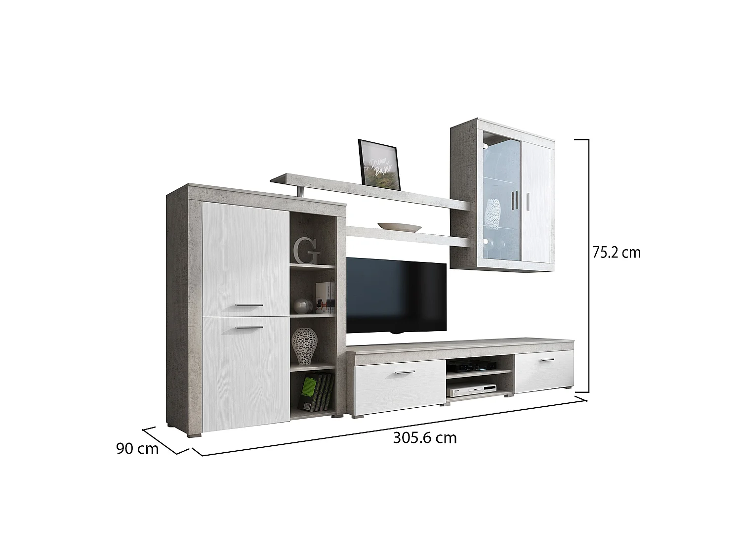 Parete Attrezzata Casies, 11 Ripiani, Grigio Cemento, Mobile Soggiorno, Modulabile, 18 Vani
