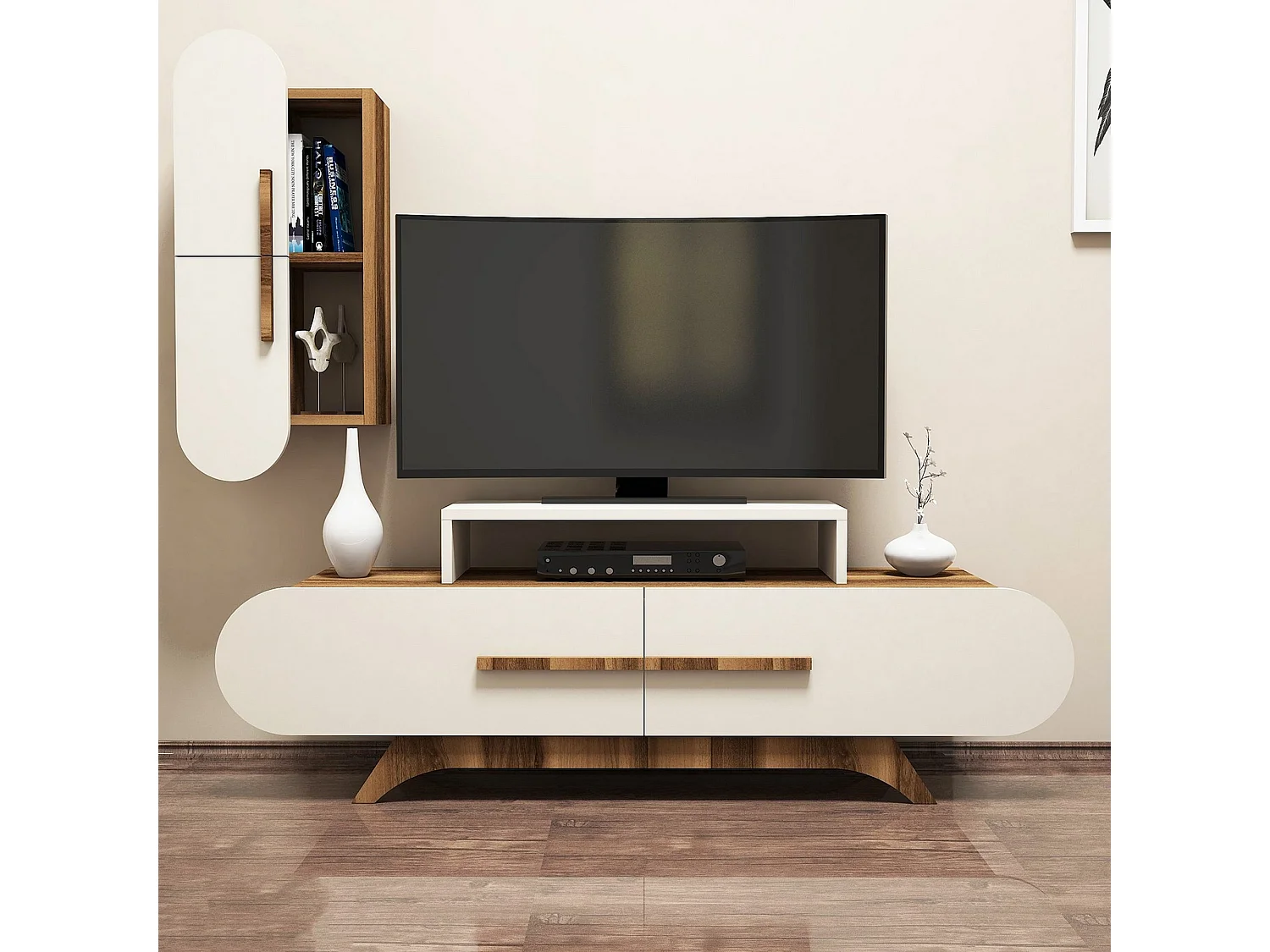 Parete Attrezzata Genola, Modulabile, Marrone Noce, Mobile Soggiorno, 8 Ripiani, 7 Vani