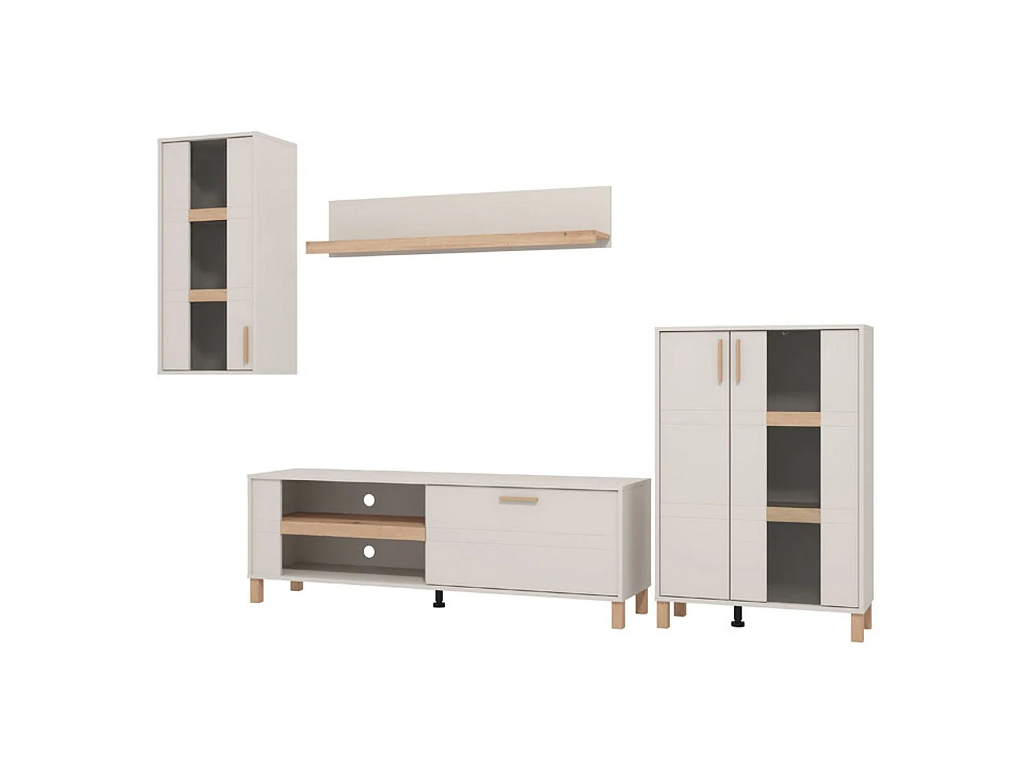 Parete Attrezzata Fallo, Modulabile, Bianco Crema, Mobile Soggiorno, 7 Ripiani, 9 Vani