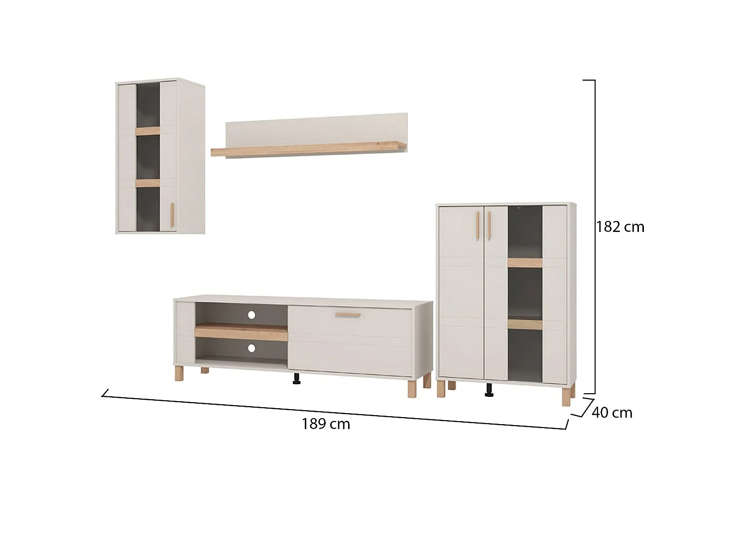 Parete Attrezzata Fallo, Modulabile, Bianco Crema, Mobile Soggiorno, 7 Ripiani, 9 Vani