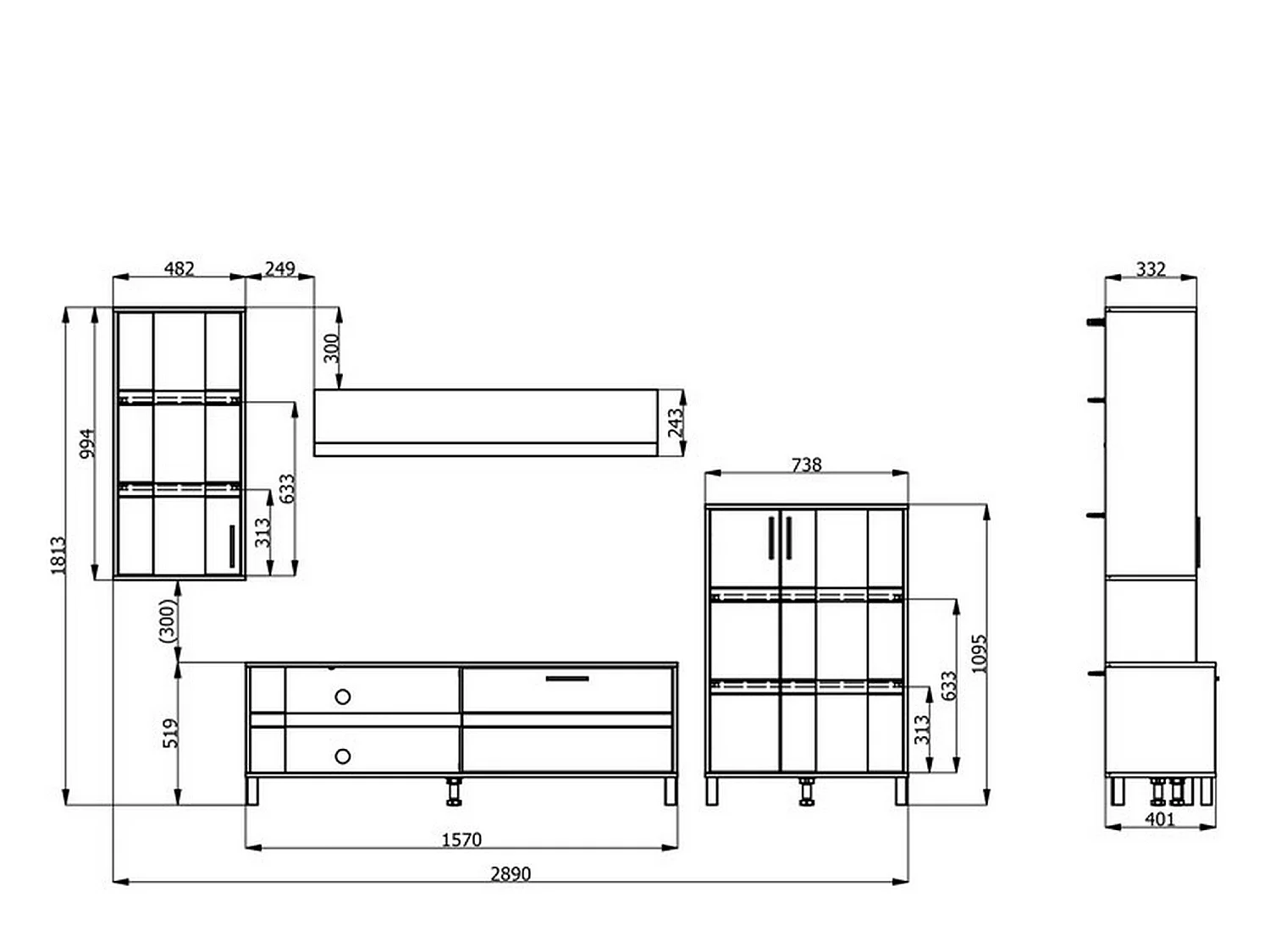 Parete Attrezzata Fallo, Modulabile, Bianco Crema, Mobile Soggiorno, 7 Ripiani, 9 Vani