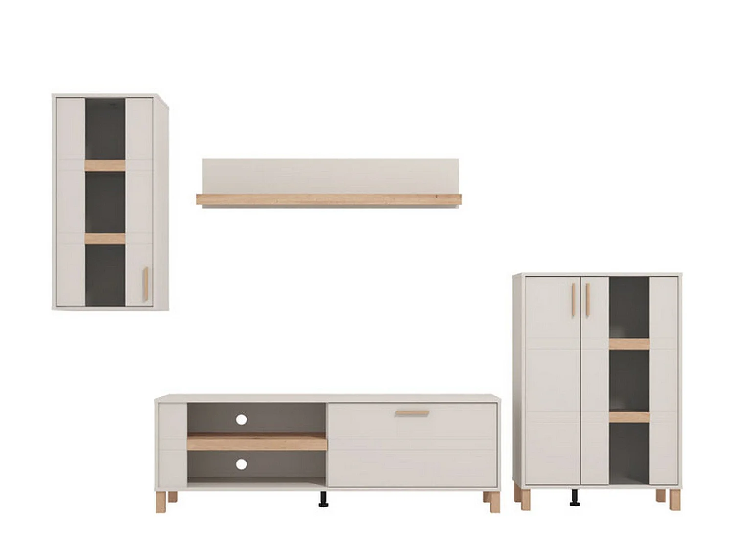 Parete Attrezzata Fallo, Modulabile, Bianco Crema, Mobile Soggiorno, 7 Ripiani, 9 Vani