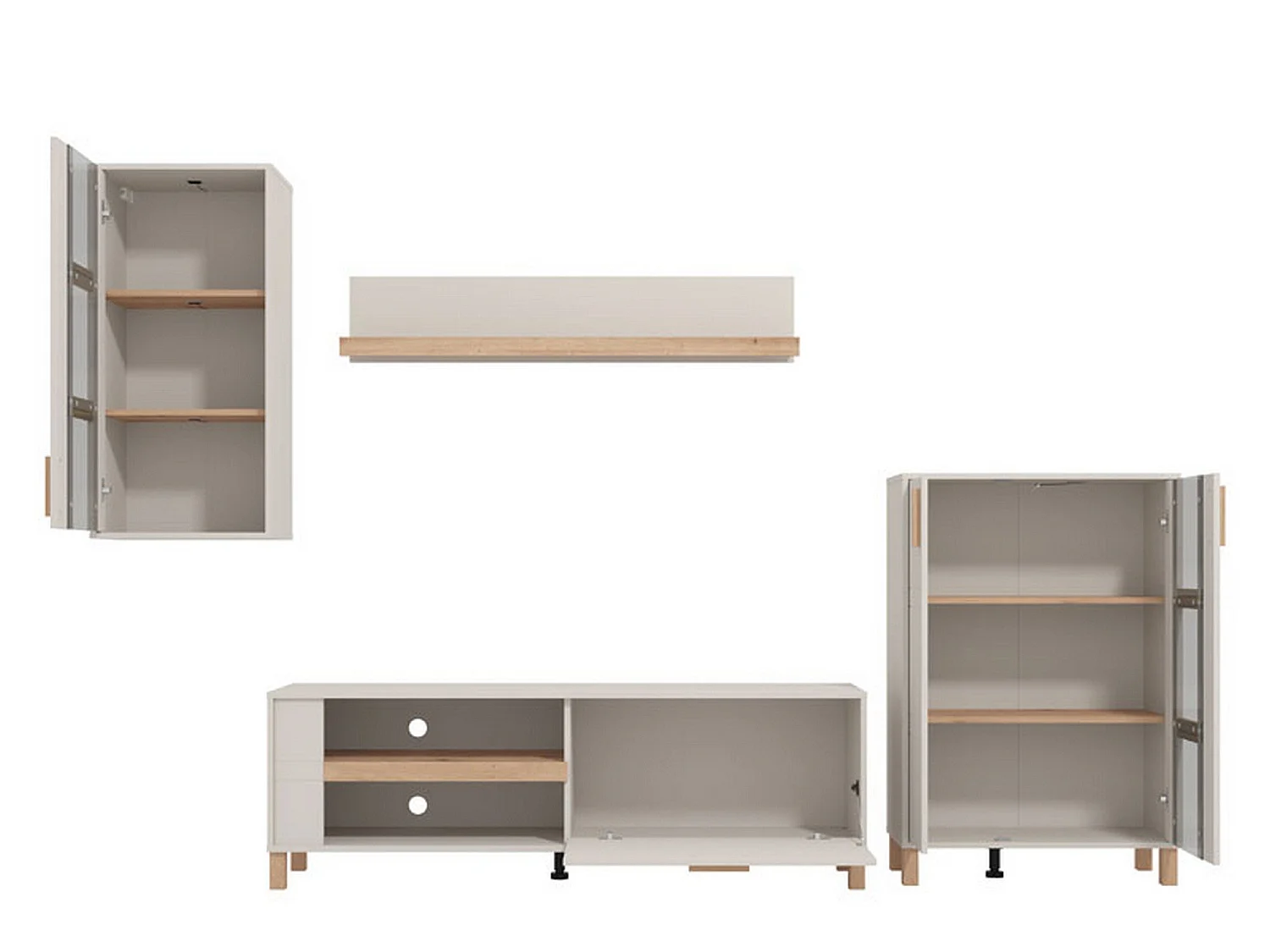 Parete Attrezzata Fallo, Modulabile, Bianco Crema, Mobile Soggiorno, 7 Ripiani, 9 Vani