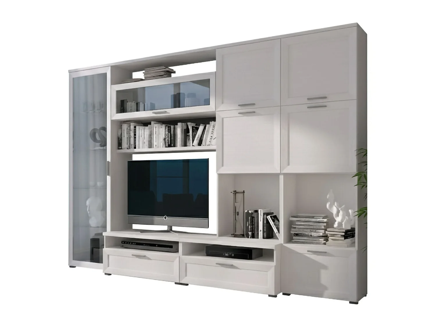 Parete Attrezzata Cicala, Modulabile, Bianco, Mobile Soggiorno, 5 Ripiani, 10 Ante