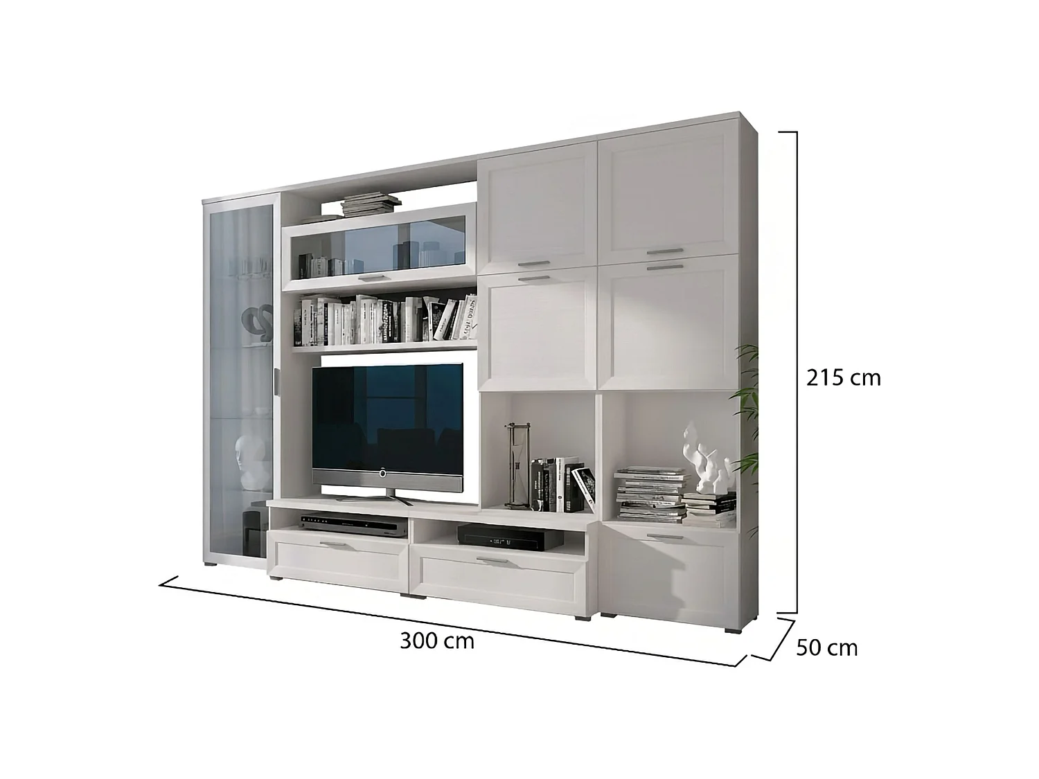 Parete Attrezzata Cicala, Modulabile, Bianco, Mobile Soggiorno, 5 Ripiani, 10 Ante