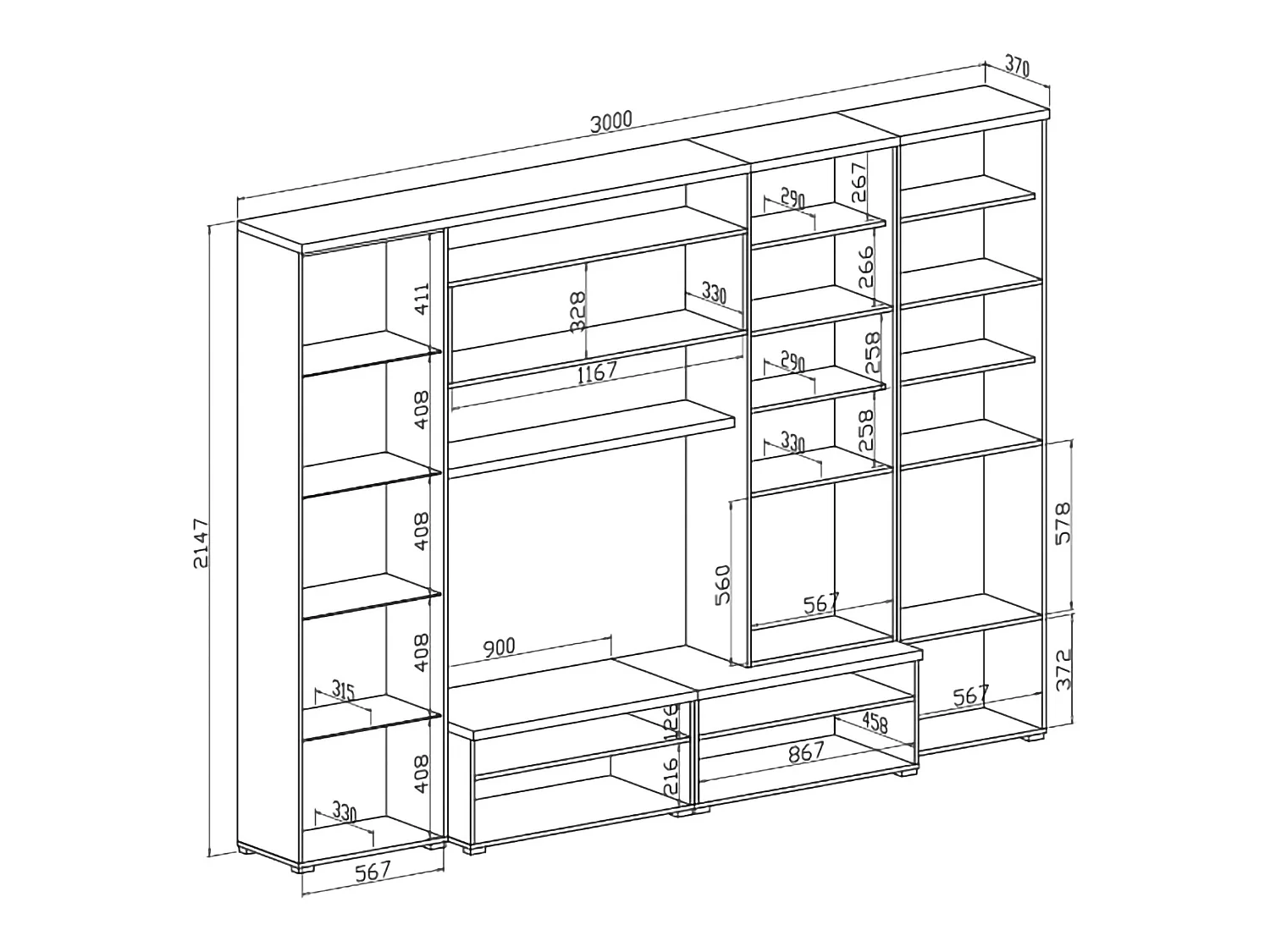 Parete Attrezzata Cicala, Modulabile, Bianco, Mobile Soggiorno, 5 Ripiani, 10 Ante
