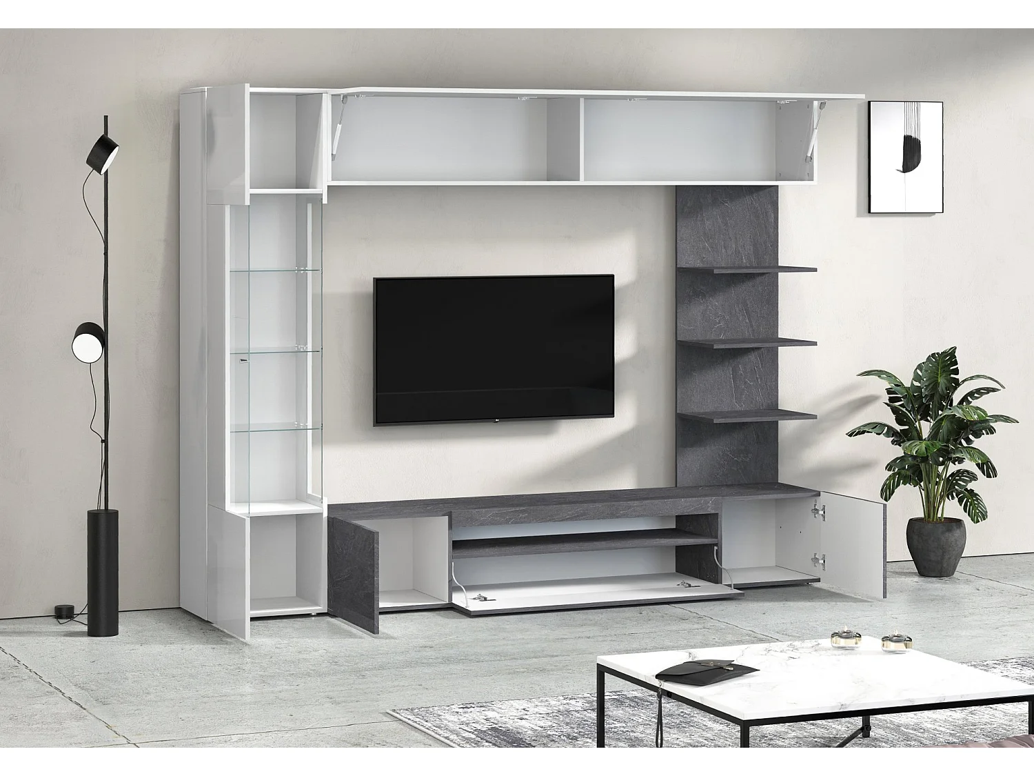 Parete Attrezzata Galatina, 8 Ripiani Made in Italy, Grigio Ardesia, Mobile Soggiorno, 5 Ante, set Componibile