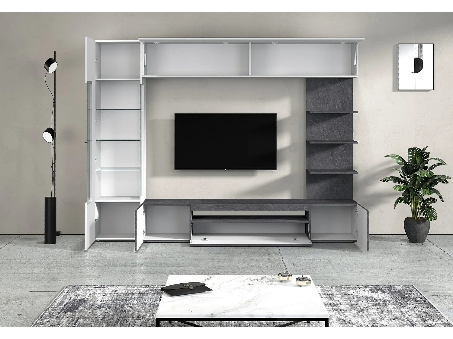 Parete Attrezzata Galatina, 8 Ripiani Made in Italy, Grigio Ardesia, Mobile Soggiorno, 5 Ante, set Componibile