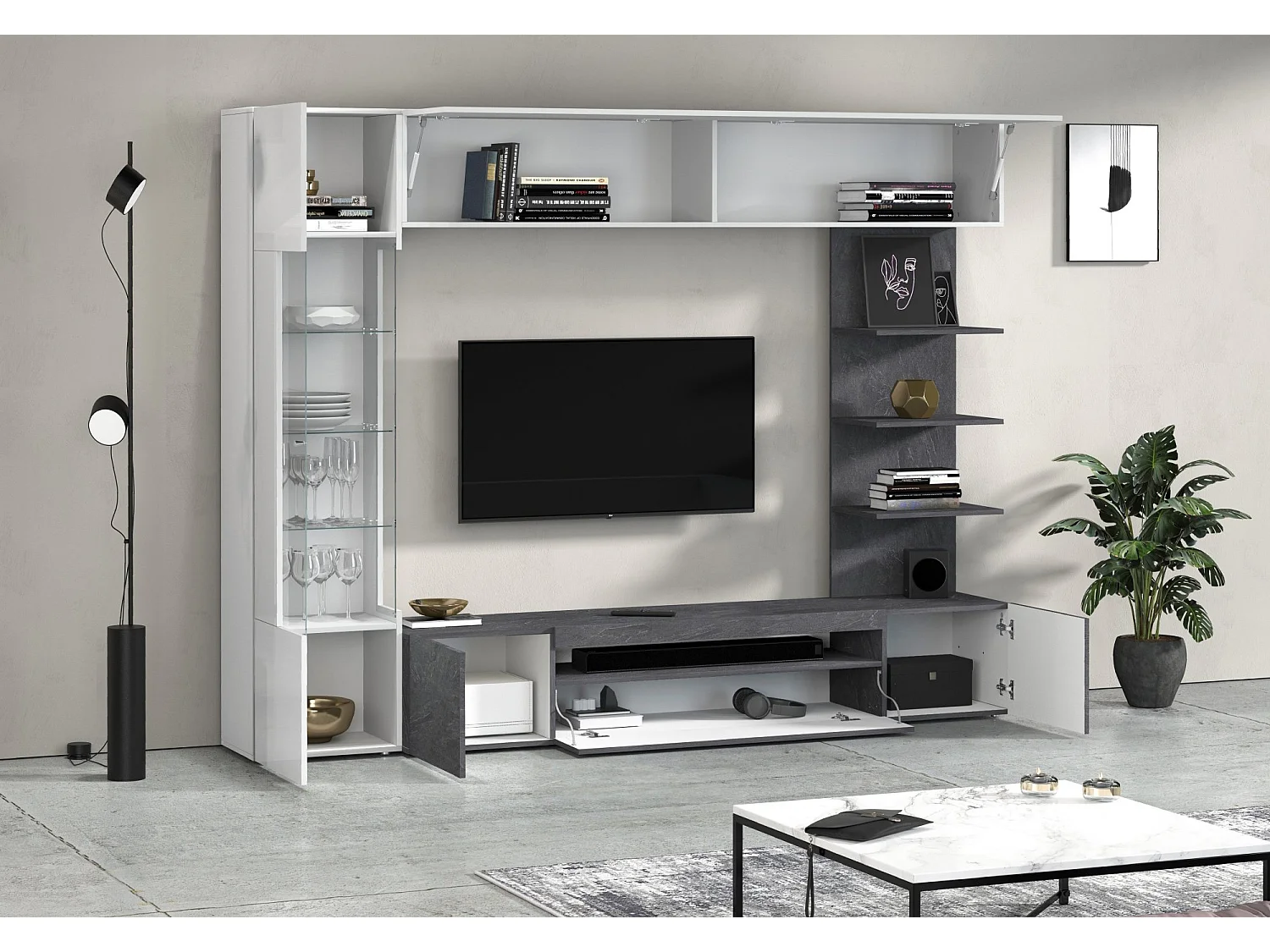 Parete Attrezzata Galatina, 8 Ripiani Made in Italy, Grigio Ardesia, Mobile Soggiorno, 5 Ante, set Componibile