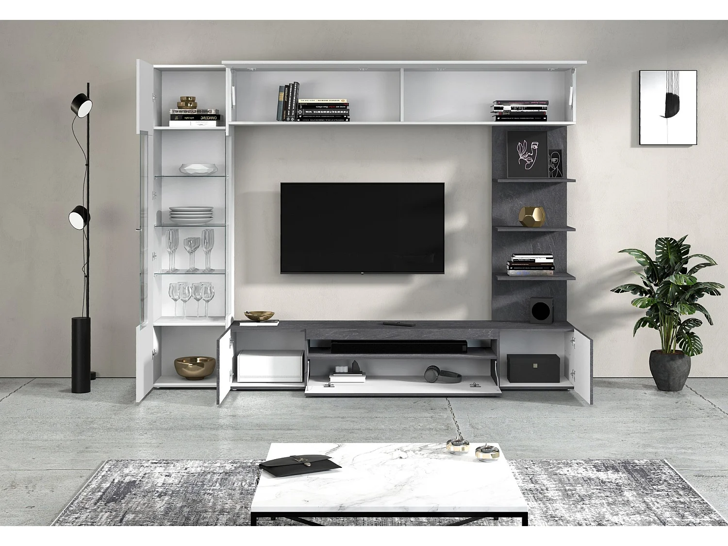 Parete Attrezzata Galatina, 8 Ripiani Made in Italy, Grigio Ardesia, Mobile Soggiorno, 5 Ante, set Componibile
