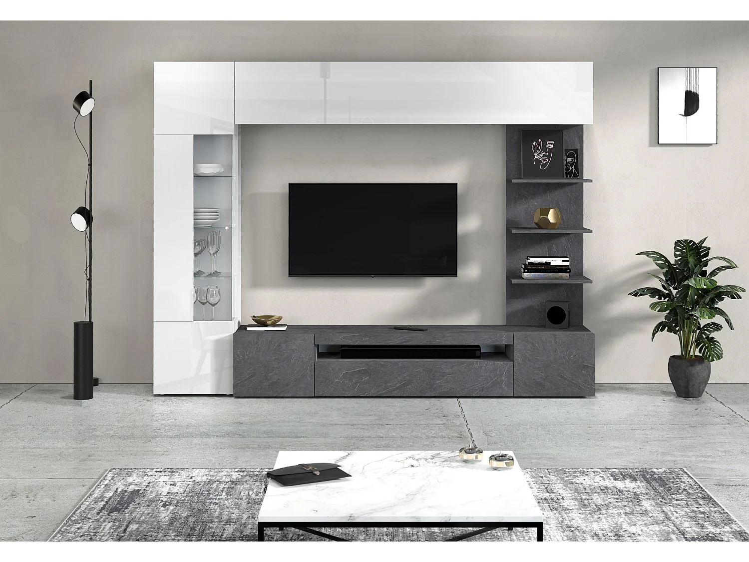 Parete Attrezzata Galatina, 8 Ripiani Made in Italy, Grigio Ardesia, Mobile Soggiorno, 5 Ante, set Componibile