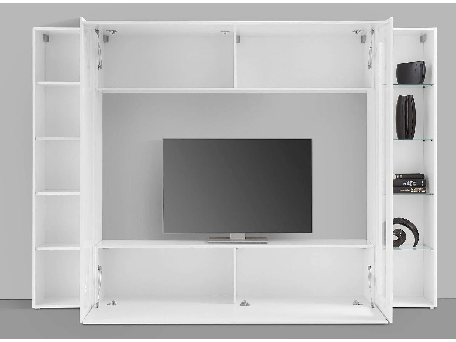Alatri modulaire wandmeubel, gemaakt in Italië, wit, woonkamermeubel, 8 planken, 4 deuren