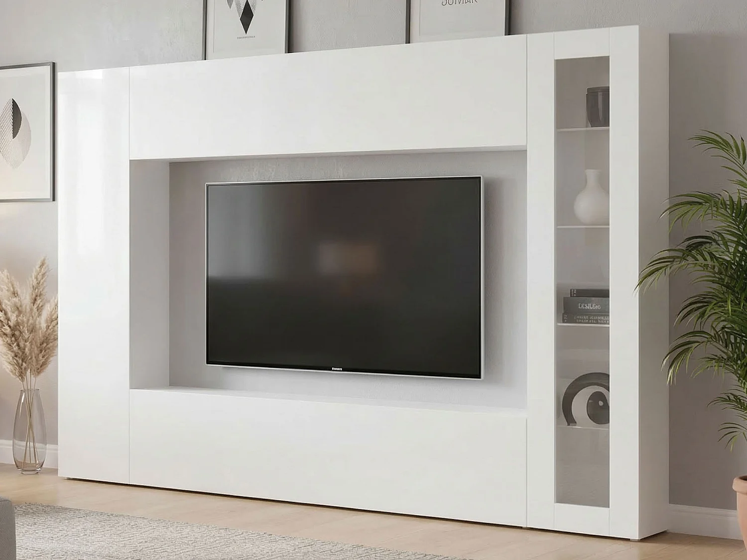 Alatri modulaire wandmeubel, gemaakt in Italië, wit, woonkamermeubel, 8 planken, 4 deuren
