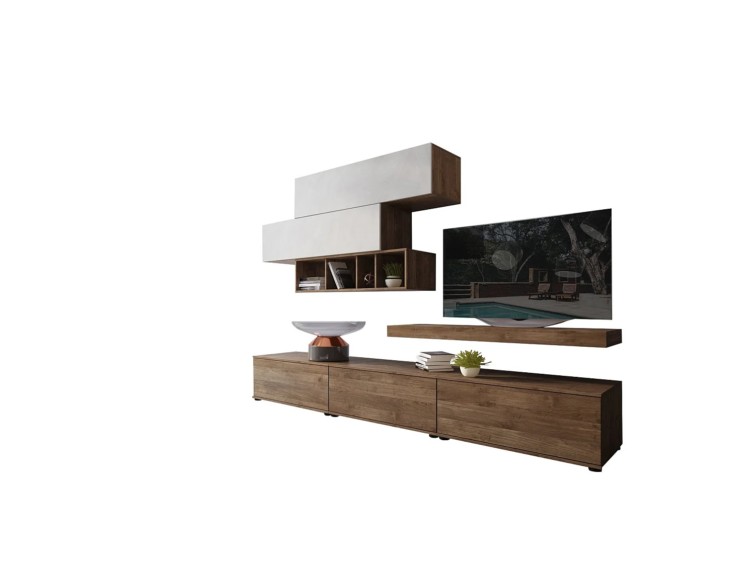 Parete Attrezzata Mammola, Modulabile, Marrone Noce, Mobile Soggiorno, Apertura Battente, a Ribalta, 5 Ante