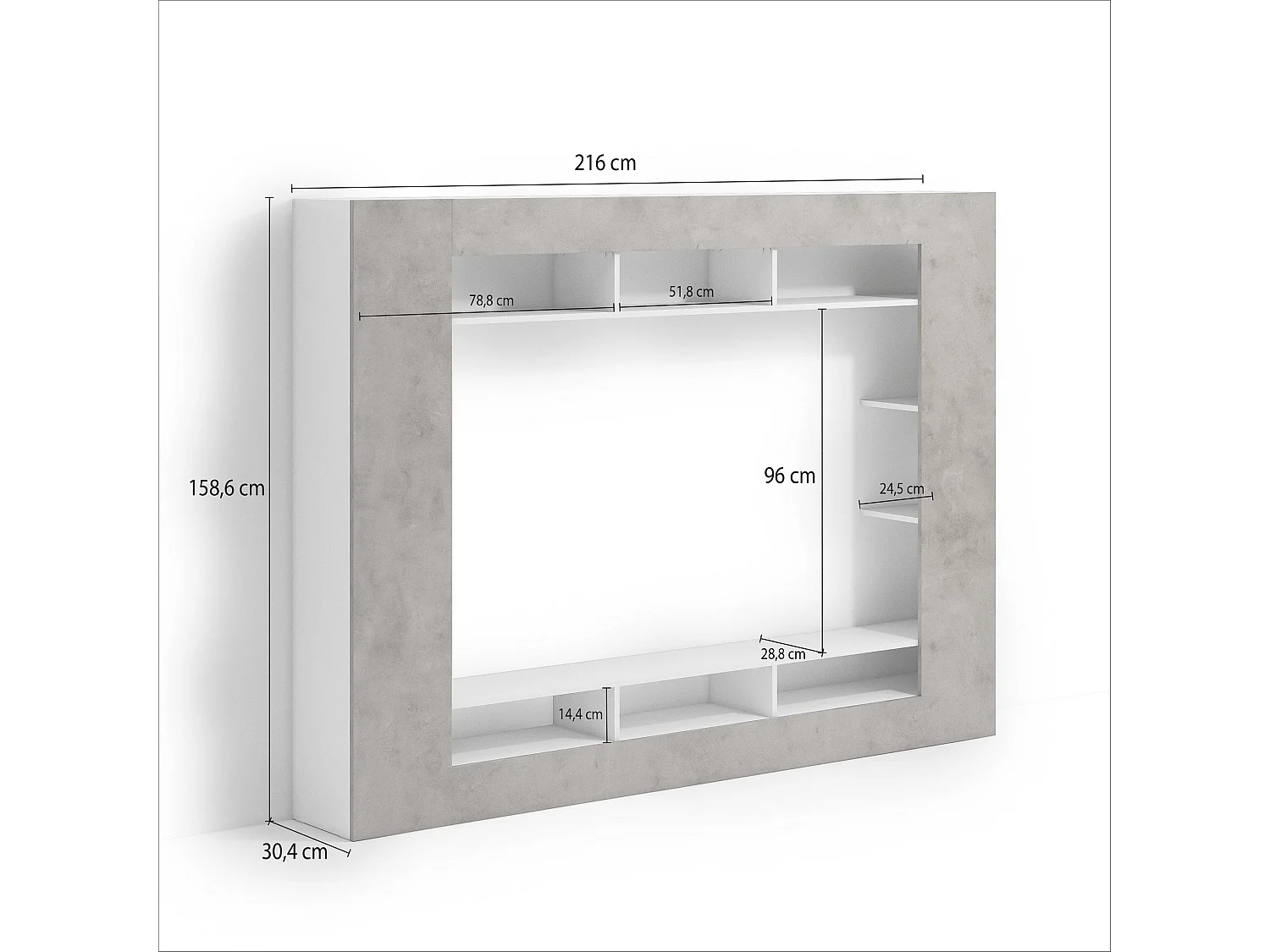 Parete Attrezzata Sadali, 7 Ripiani Made in Italy, Grigio Cemento, Mobile Soggiorno, 11 Vani, set Componibile