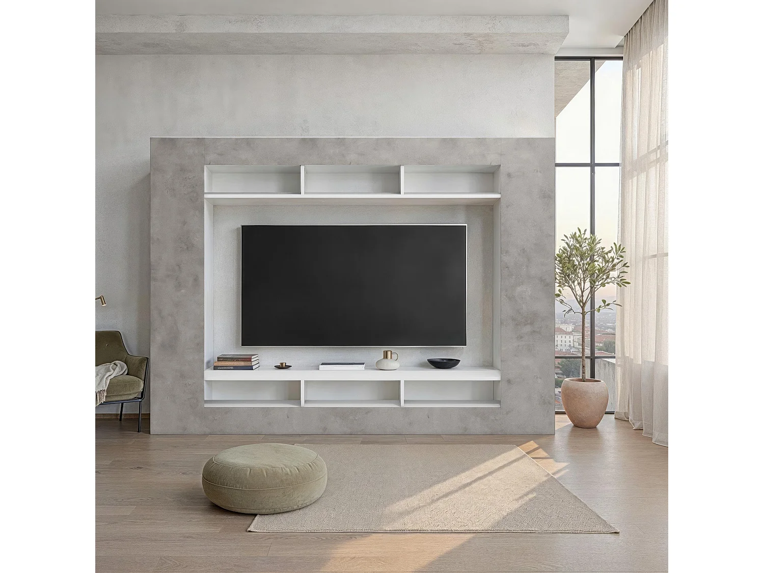 Parete Attrezzata Sadali, 7 Ripiani Made in Italy, Grigio Cemento, Mobile Soggiorno, 11 Vani, set Componibile