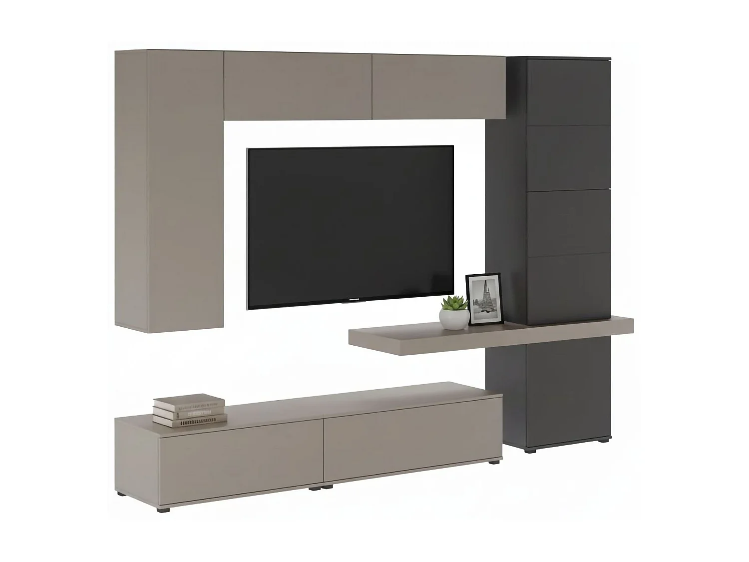Parete Attrezzata Portula, 5 Ripiani, Grigio Tortora, Mobile Soggiorno, 2 Cassetti, Modulabile