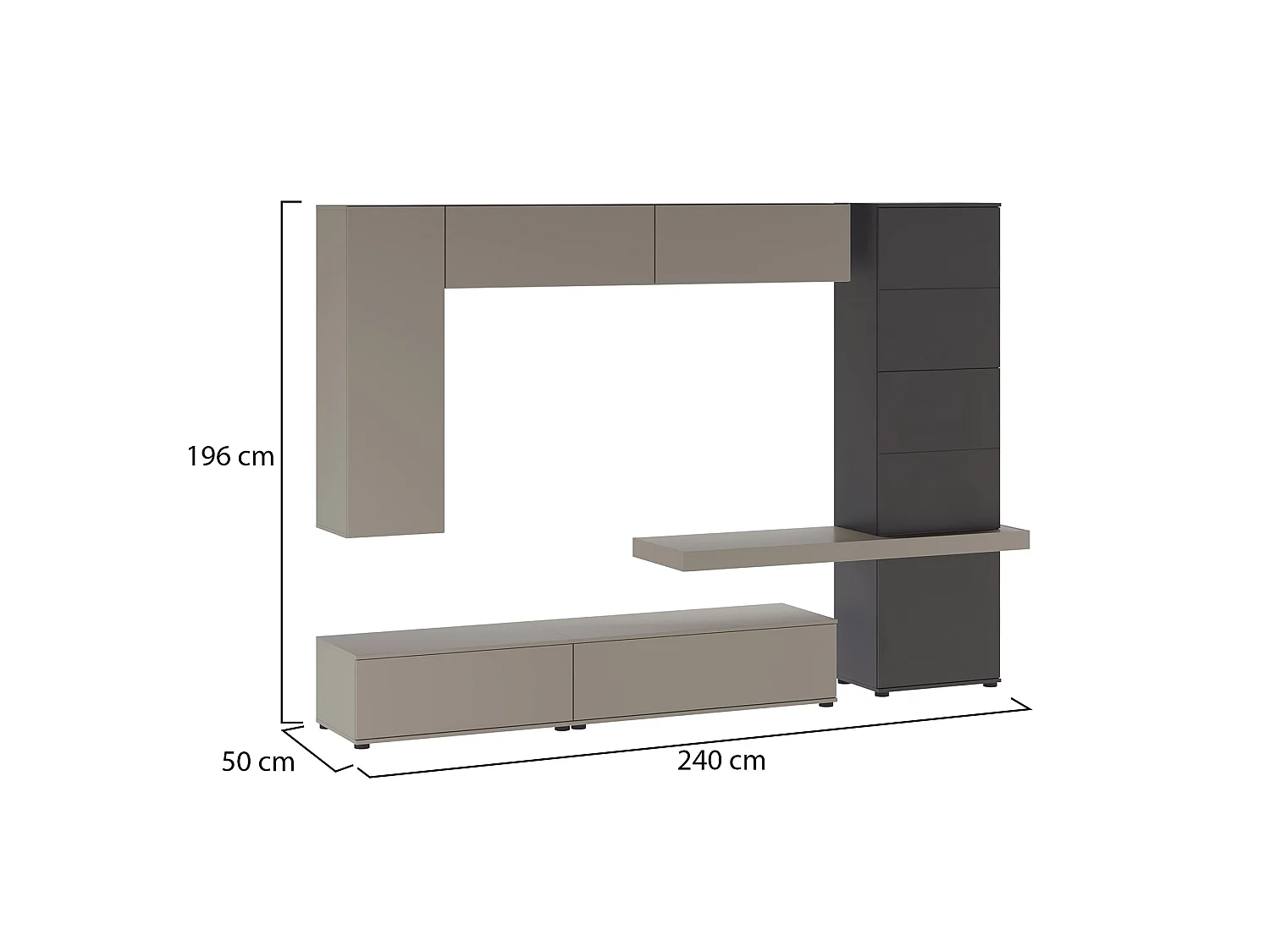 Parete Attrezzata Portula, 5 Ripiani, Grigio Tortora, Mobile Soggiorno, 2 Cassetti, Modulabile
