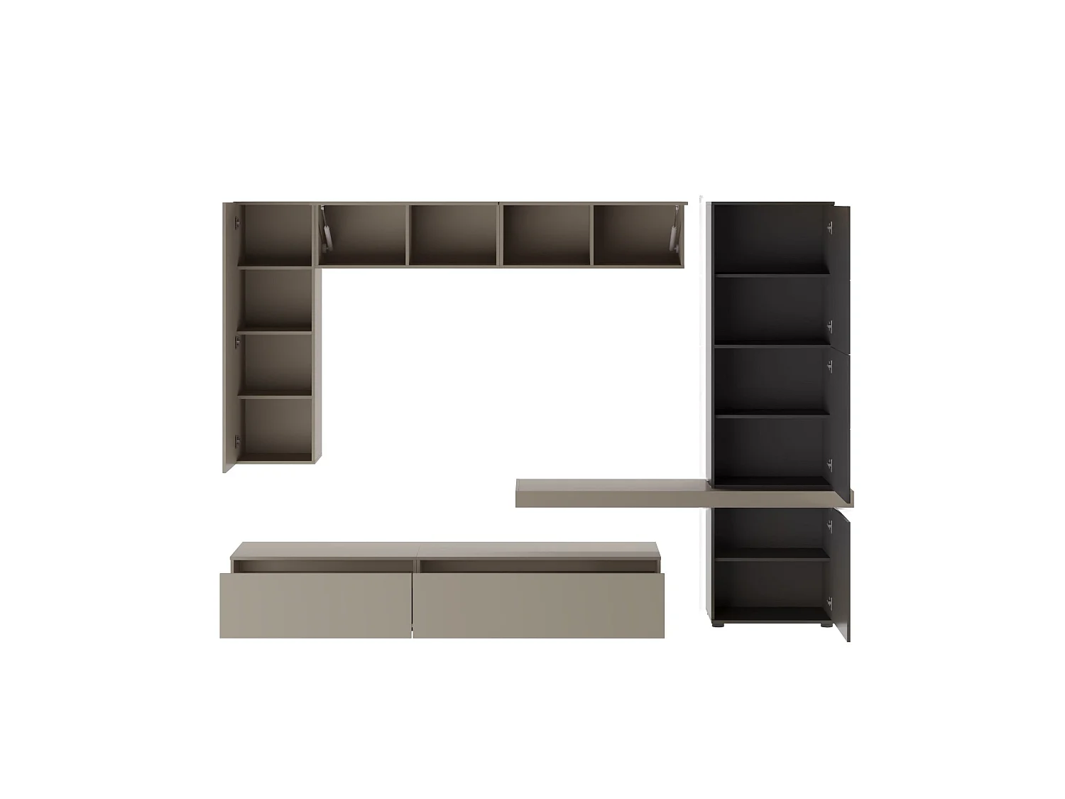 Parete Attrezzata Portula, 5 Ripiani, Grigio Tortora, Mobile Soggiorno, 2 Cassetti, Modulabile