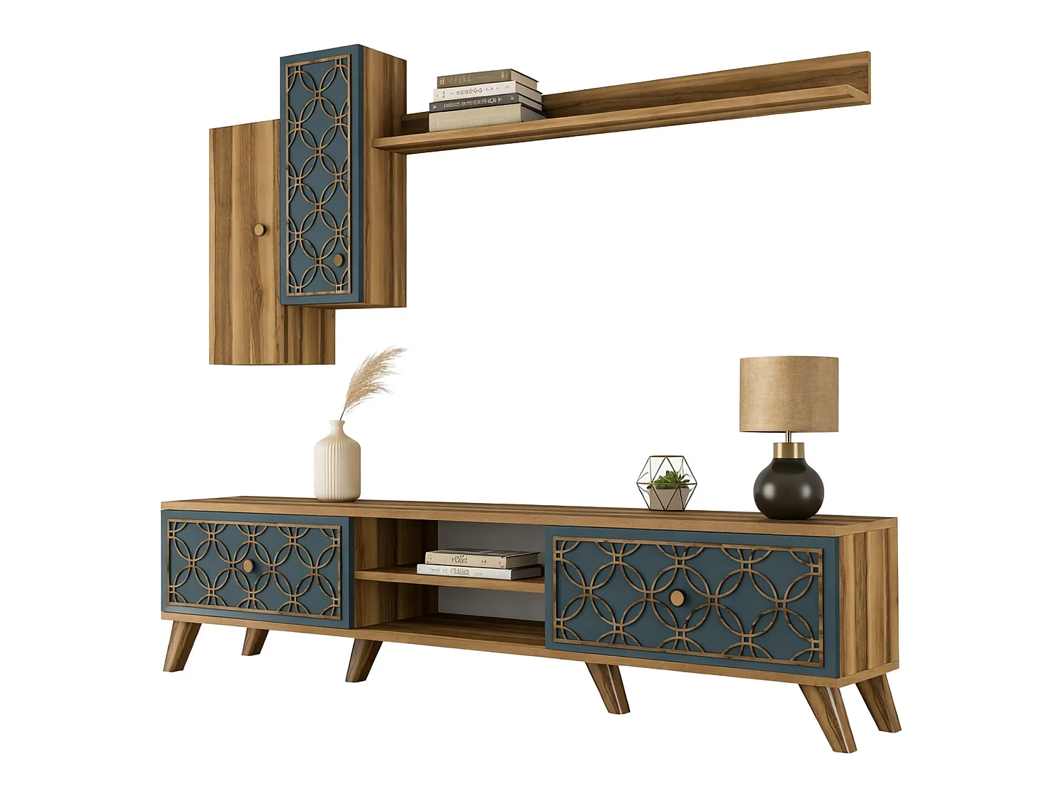 Parete Attrezzata Vanzago, Modulabile, Marrone Noce, Mobile Soggiorno, 8 Ripiani, 4 Ante