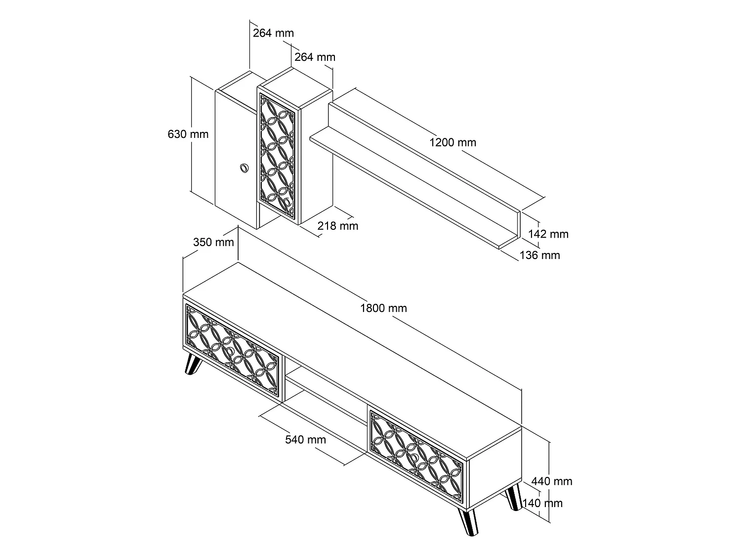 Parete Attrezzata Vanzago, Modulabile, Marrone Noce, Mobile Soggiorno, 8 Ripiani, 4 Ante