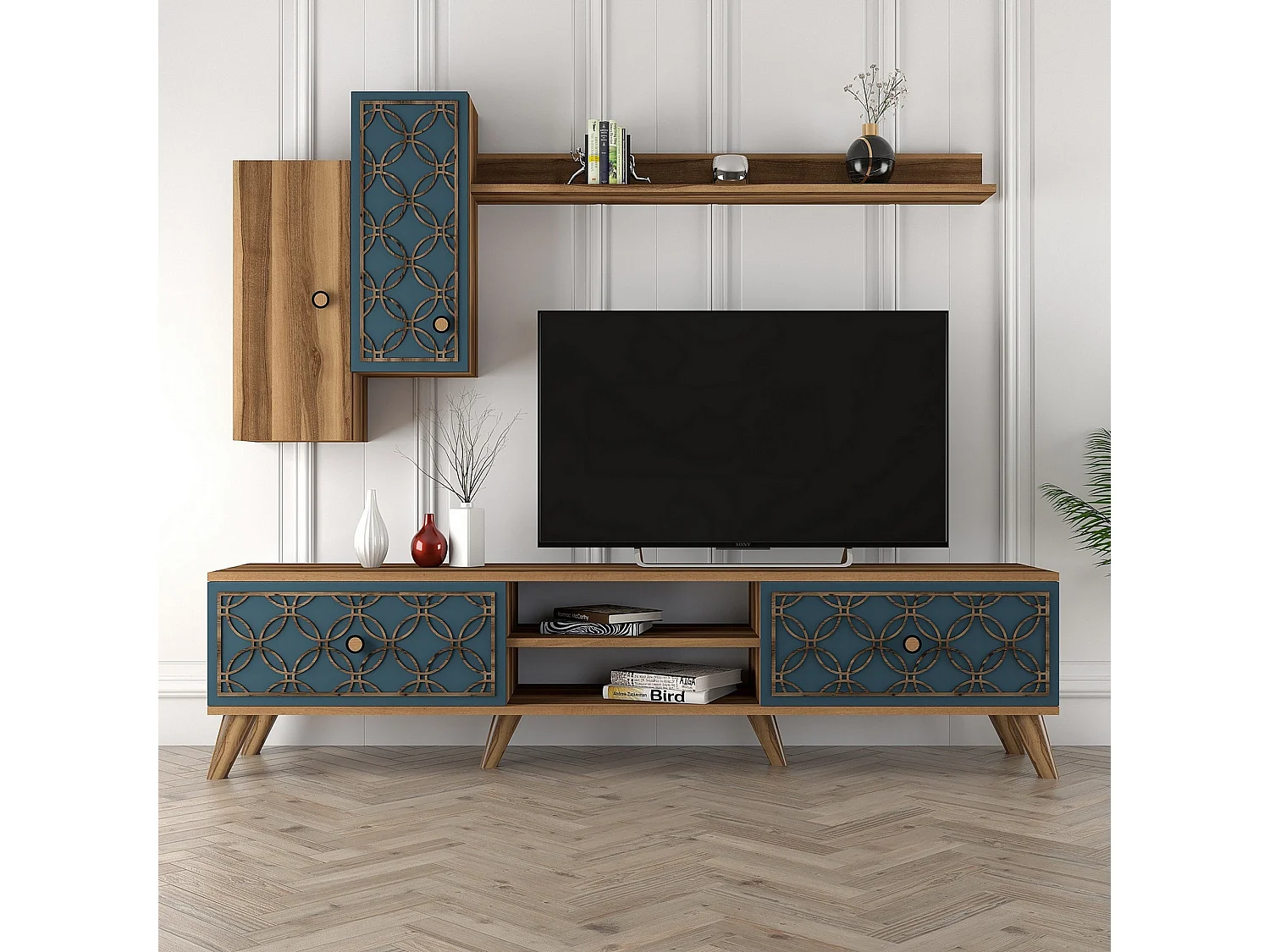 Parete Attrezzata Vanzago, Modulabile, Marrone Noce, Mobile Soggiorno, 8 Ripiani, 4 Ante