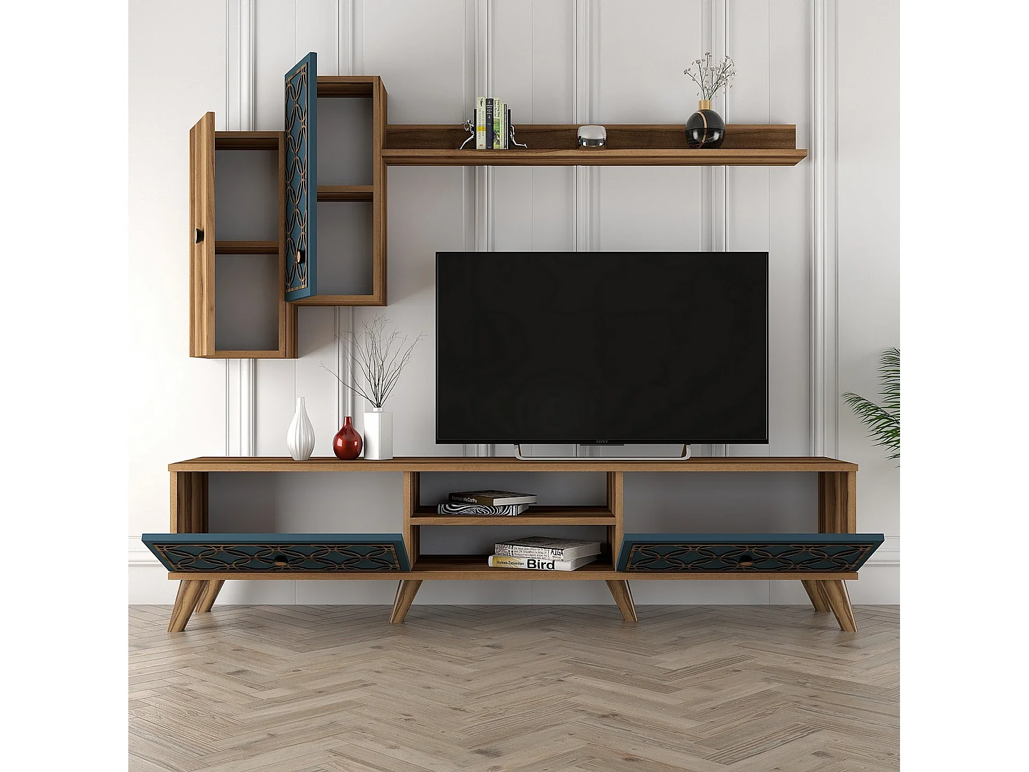 Parete Attrezzata Vanzago, Modulabile, Marrone Noce, Mobile Soggiorno, 8 Ripiani, 4 Ante
