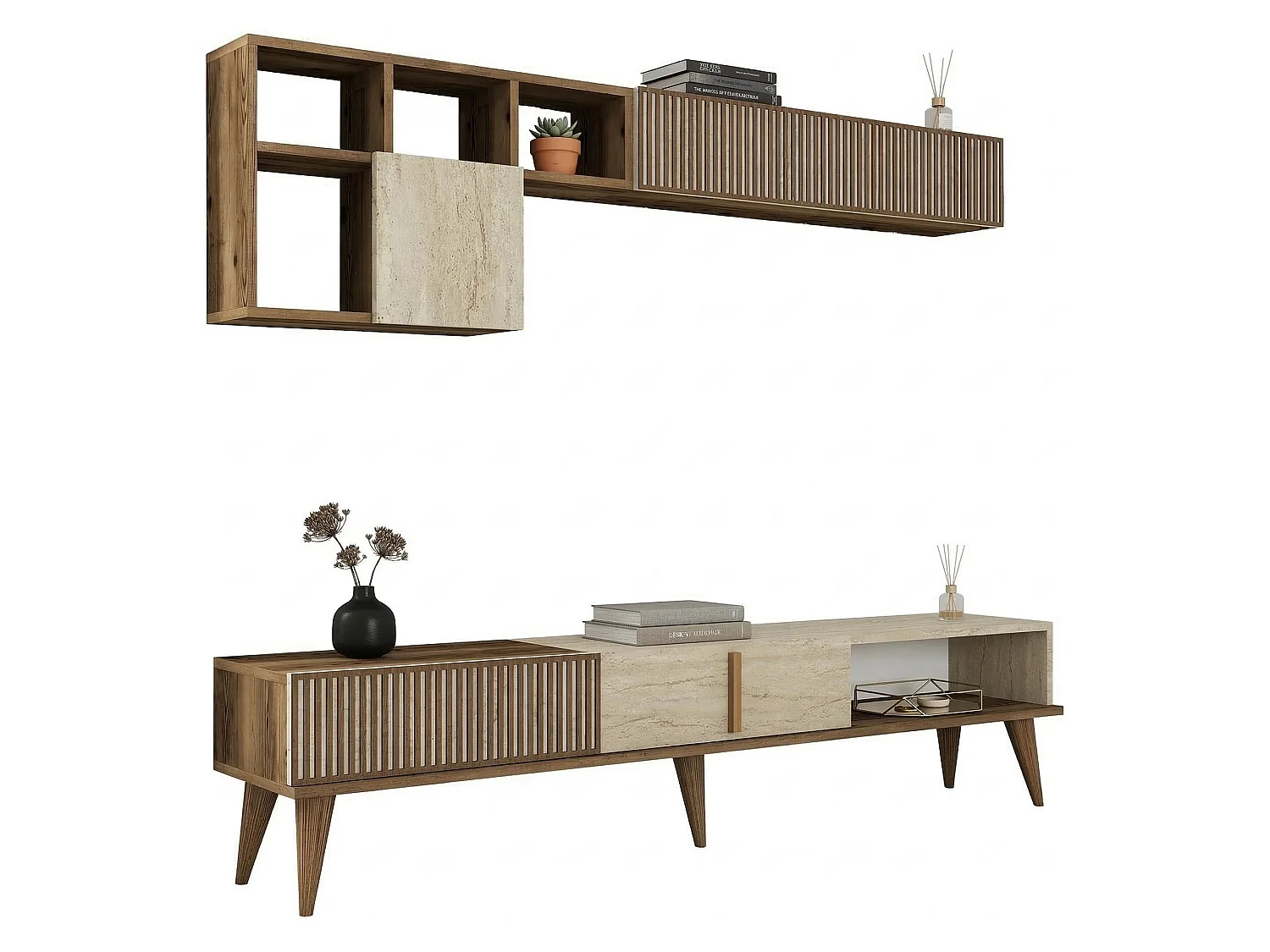 Parete Attrezzata Cavoti, Modulabile, Marrone Noce, Mobile Soggiorno, 11 Ripiani, 10 Vani