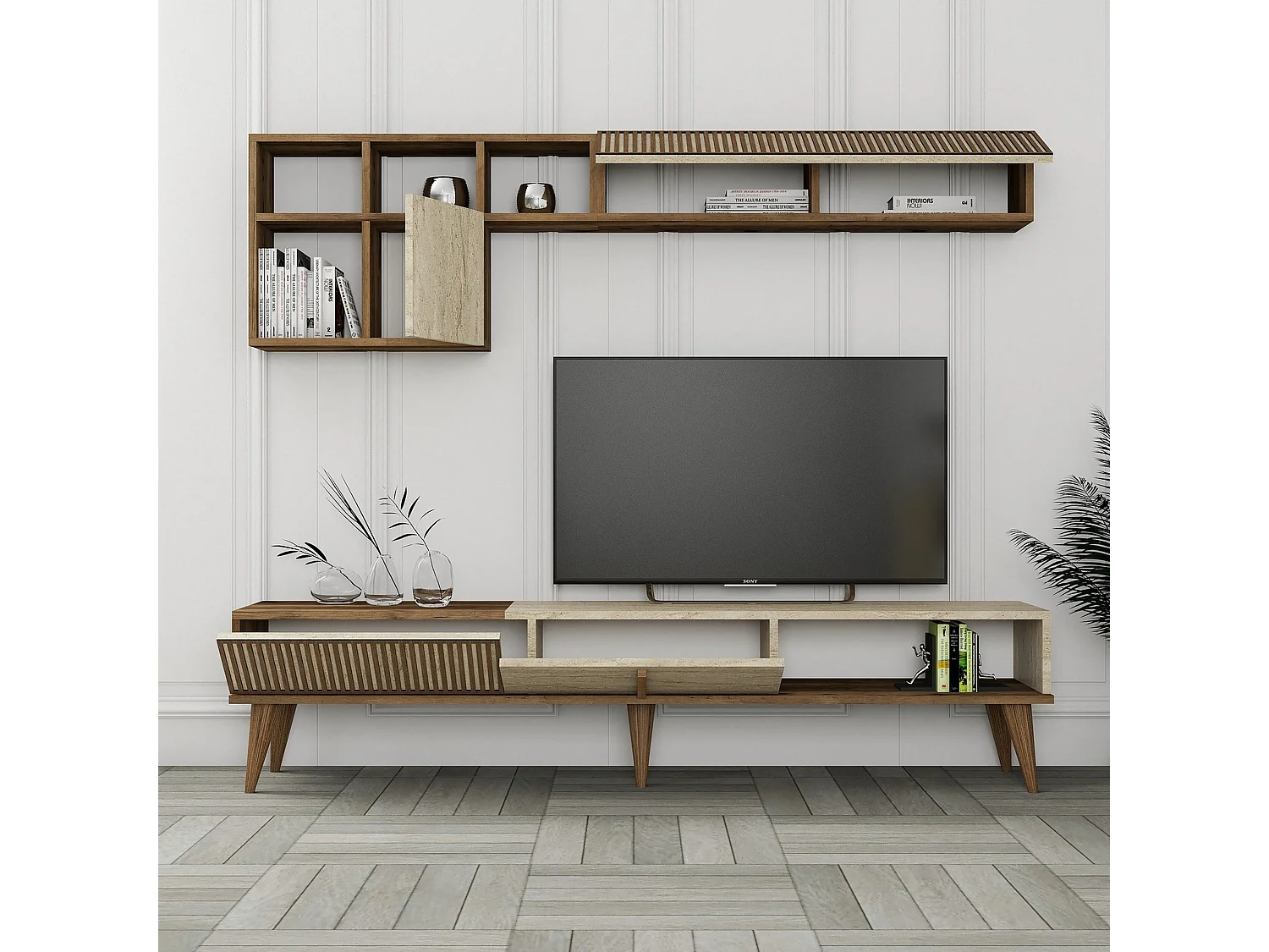 Parete Attrezzata Cavoti, Modulabile, Marrone Noce, Mobile Soggiorno, 11 Ripiani, 10 Vani