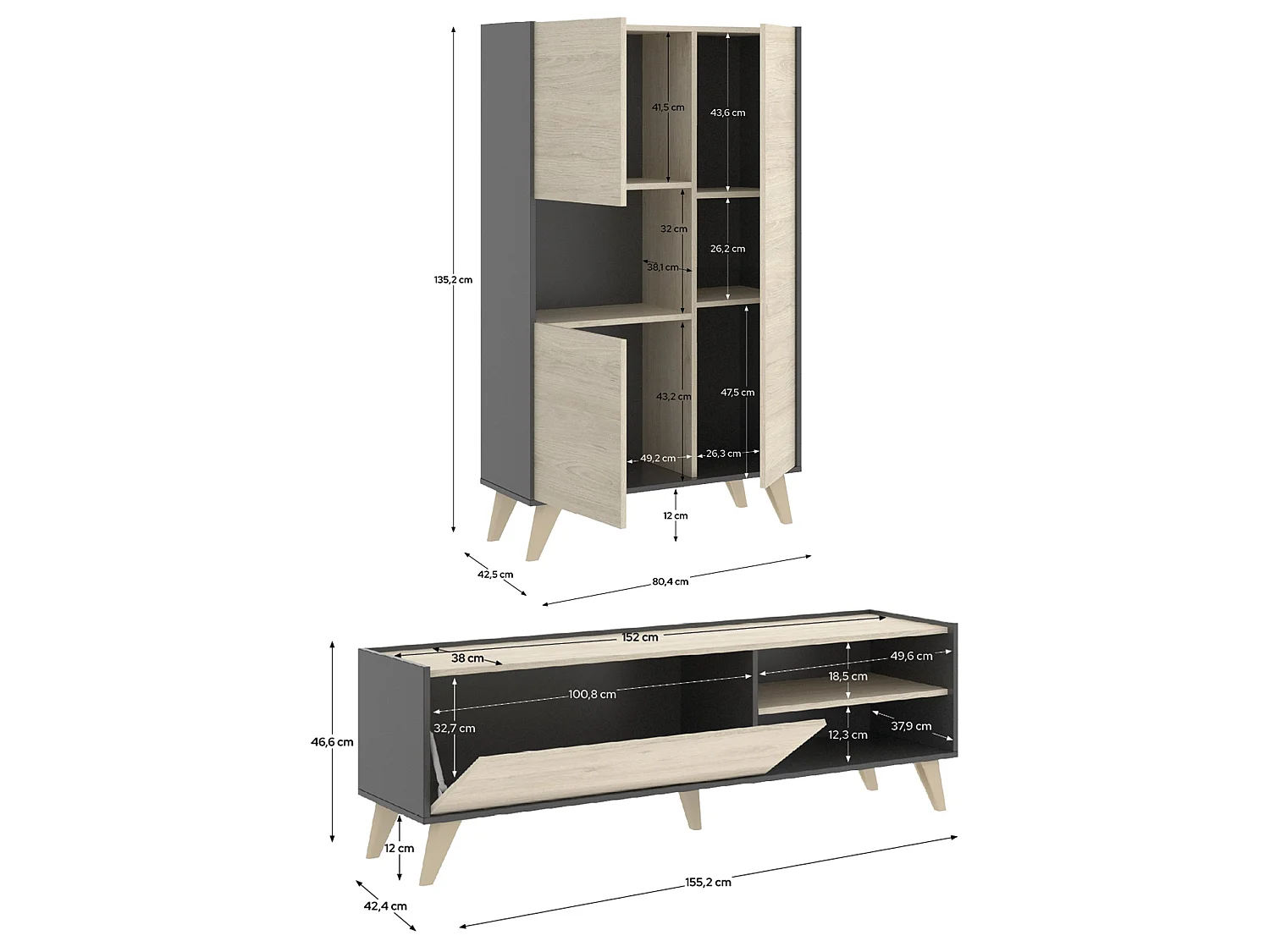 Set Mobili da Soggiorno Tulare, Modulabile, Marrone Rovere, 5 Ripiani, Apertura Battente, a Ribalta