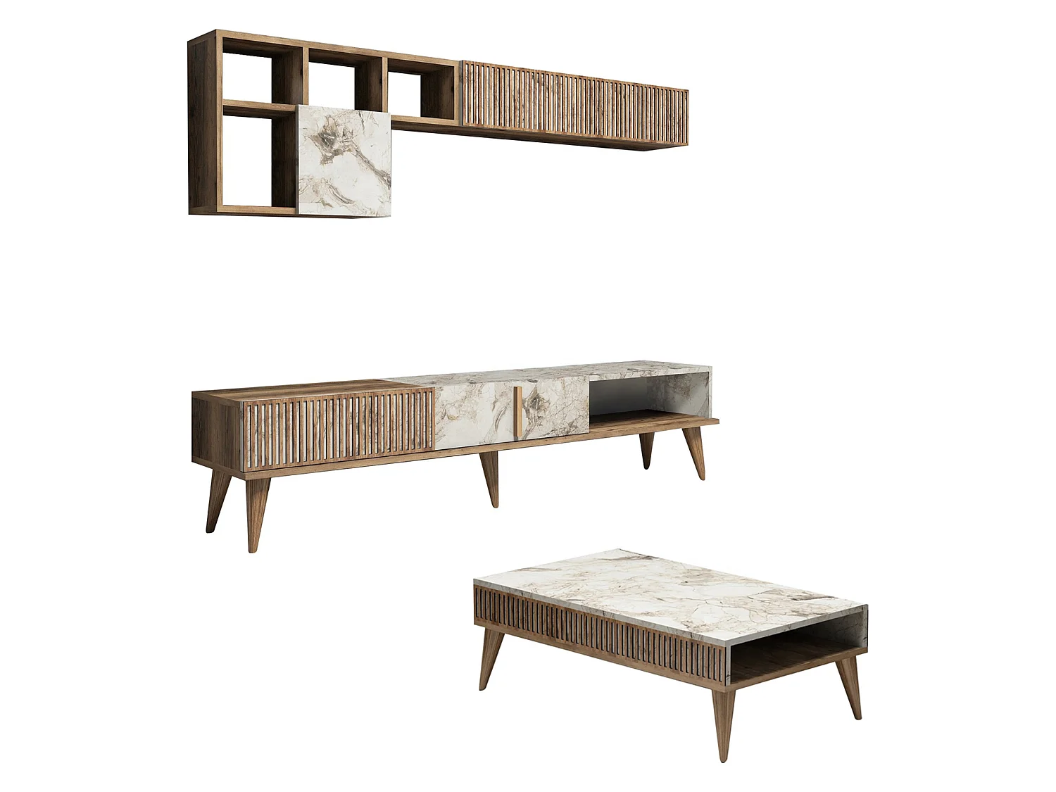 Set Mobili da Soggiorno Ollomont, Modulabile, Marrone Noce, 9 Ripiani, 2 Ante