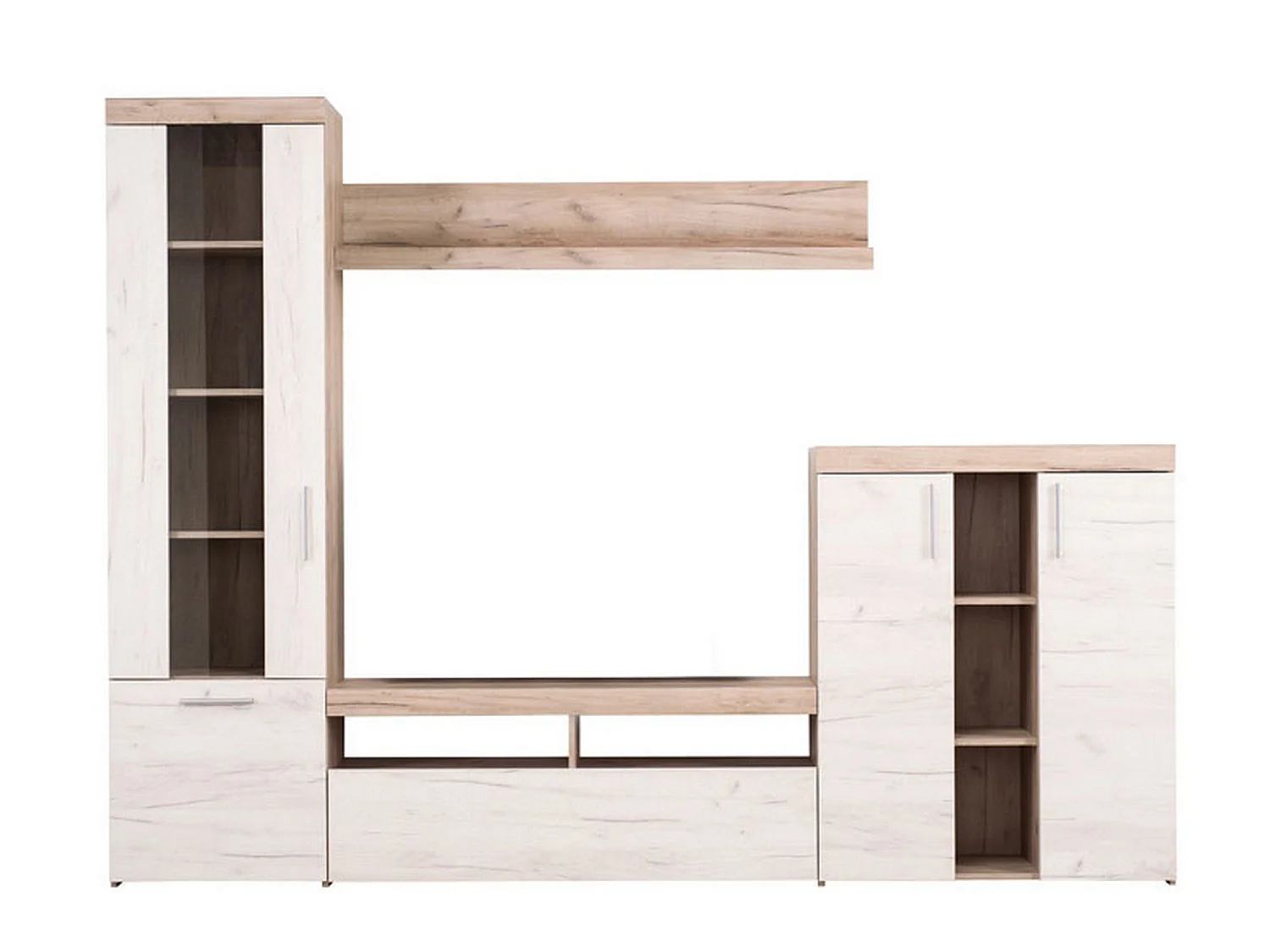Parete Attrezzata Oggiono, 14 Ripiani, Bianco Larice, Mobile Soggiorno, Modulabile, 18 Vani