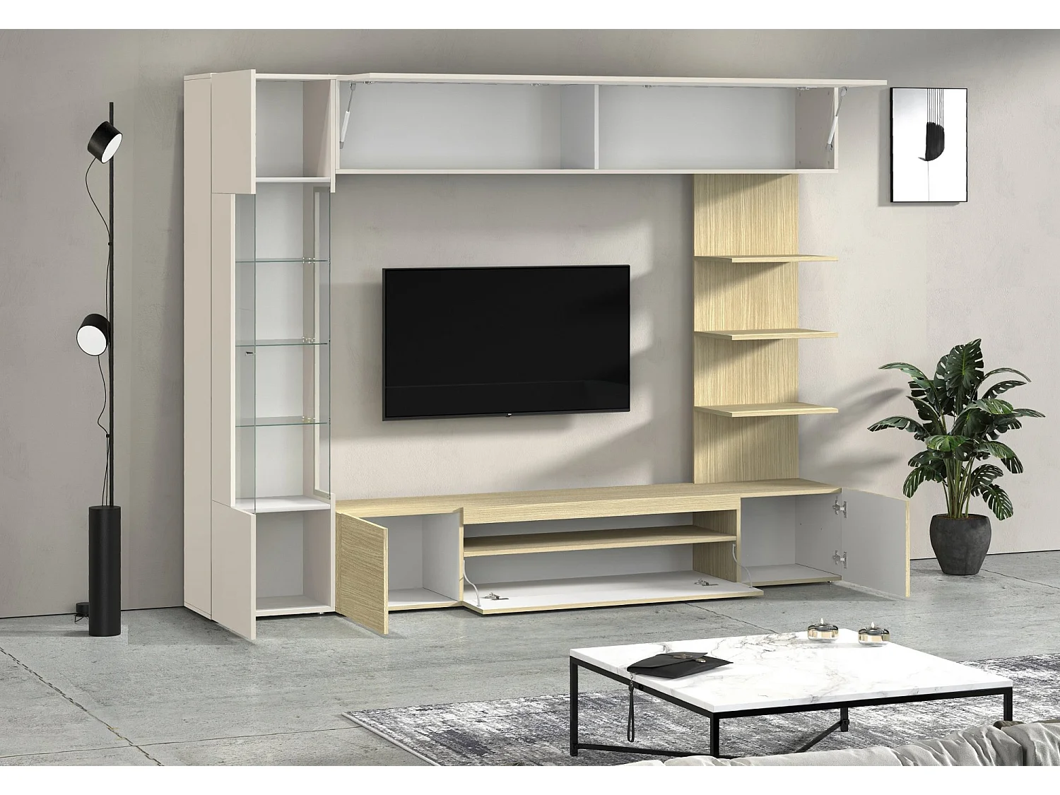 Parete Galatina, 8 étagères Made in Italy, érable marron, meuble salon, 5 portes, set modulable
