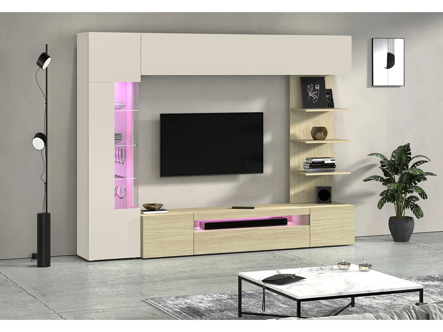 Parete Galatina, 8 étagères Made in Italy, érable marron, meuble salon, 5 portes, set modulable