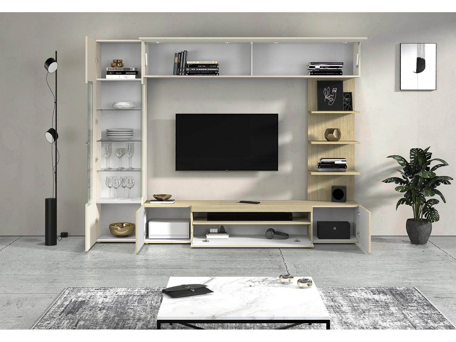 Parete Galatina, 8 étagères Made in Italy, érable marron, meuble salon, 5 portes, set modulable