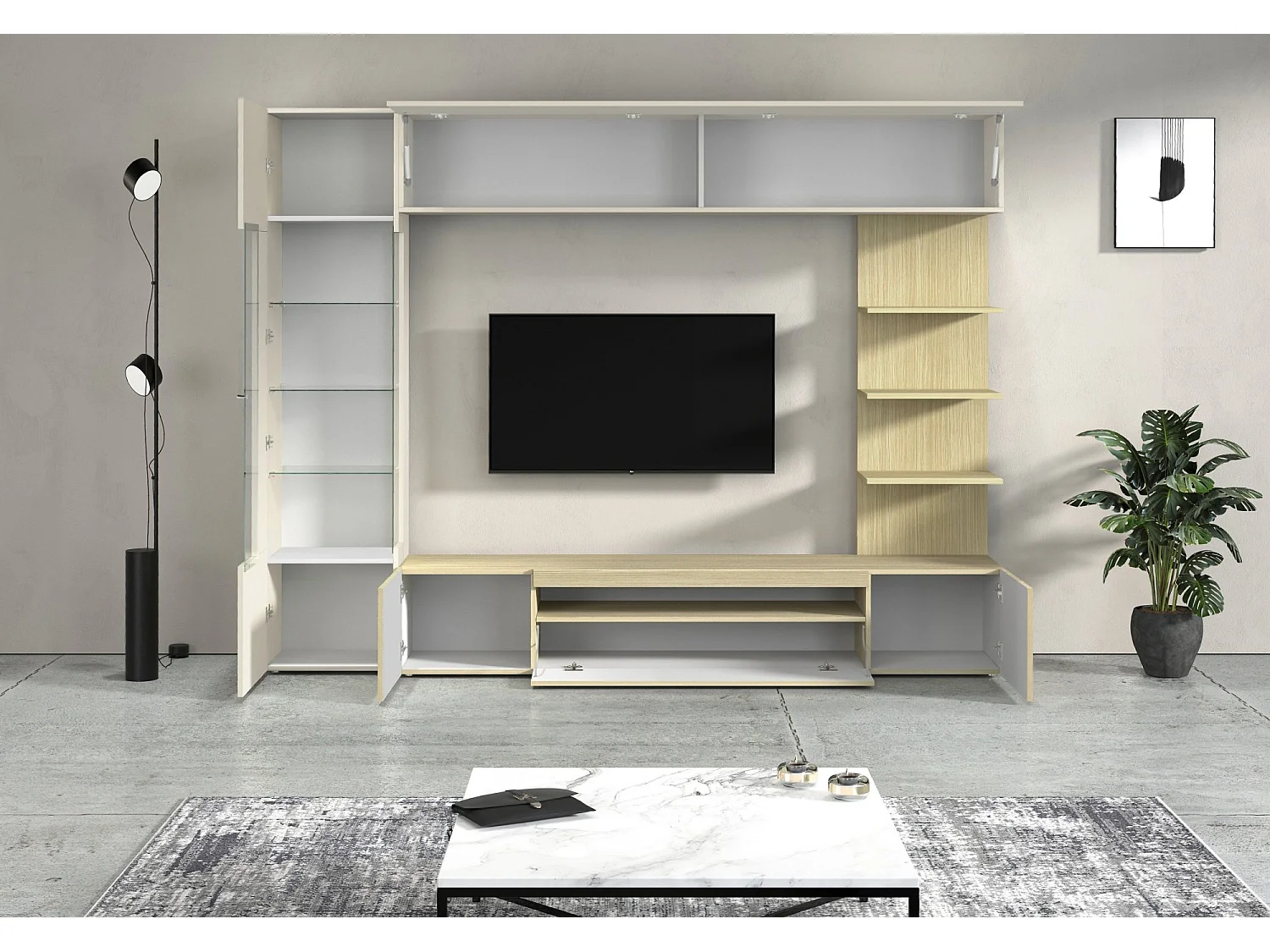 Parete Galatina, 8 étagères Made in Italy, érable marron, meuble salon, 5 portes, set modulable