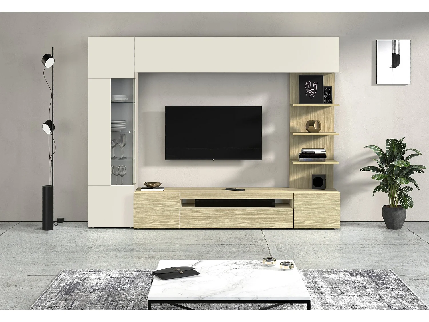 Parete Galatina, 8 étagères Made in Italy, érable marron, meuble salon, 5 portes, set modulable