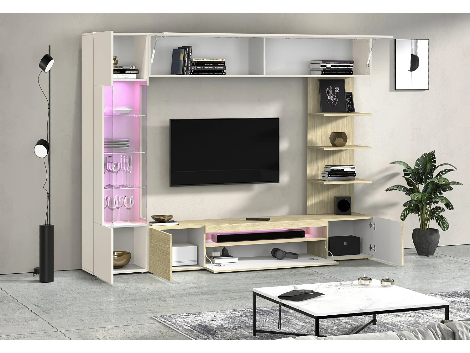 Parete Galatina, 8 étagères Made in Italy, érable marron, meuble salon, 5 portes, set modulable