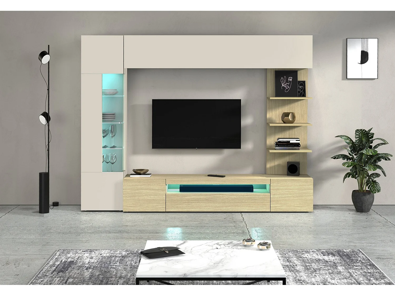 Parete Galatina, 8 étagères Made in Italy, érable marron, meuble salon, 5 portes, set modulable