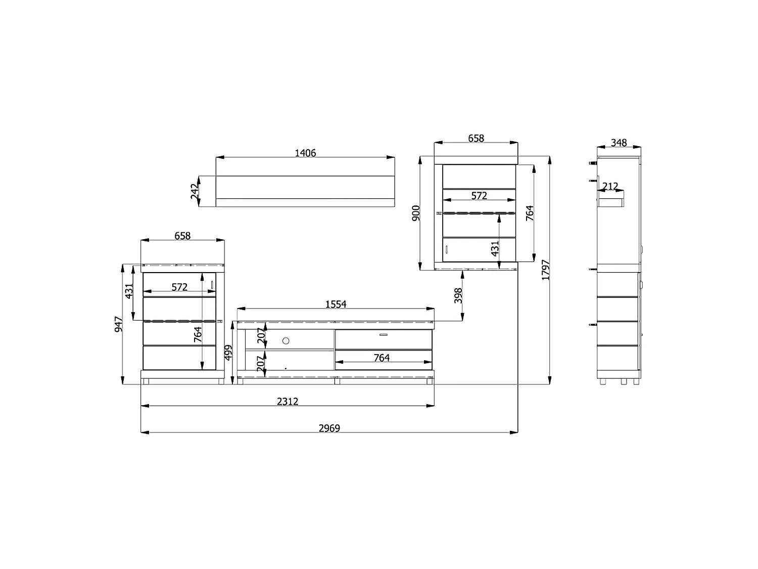 Set Mobili da Soggiorno Urbe, Modulabile, Marrone Opaco, 7 Ripiani, Apertura Battente, a Ribalta