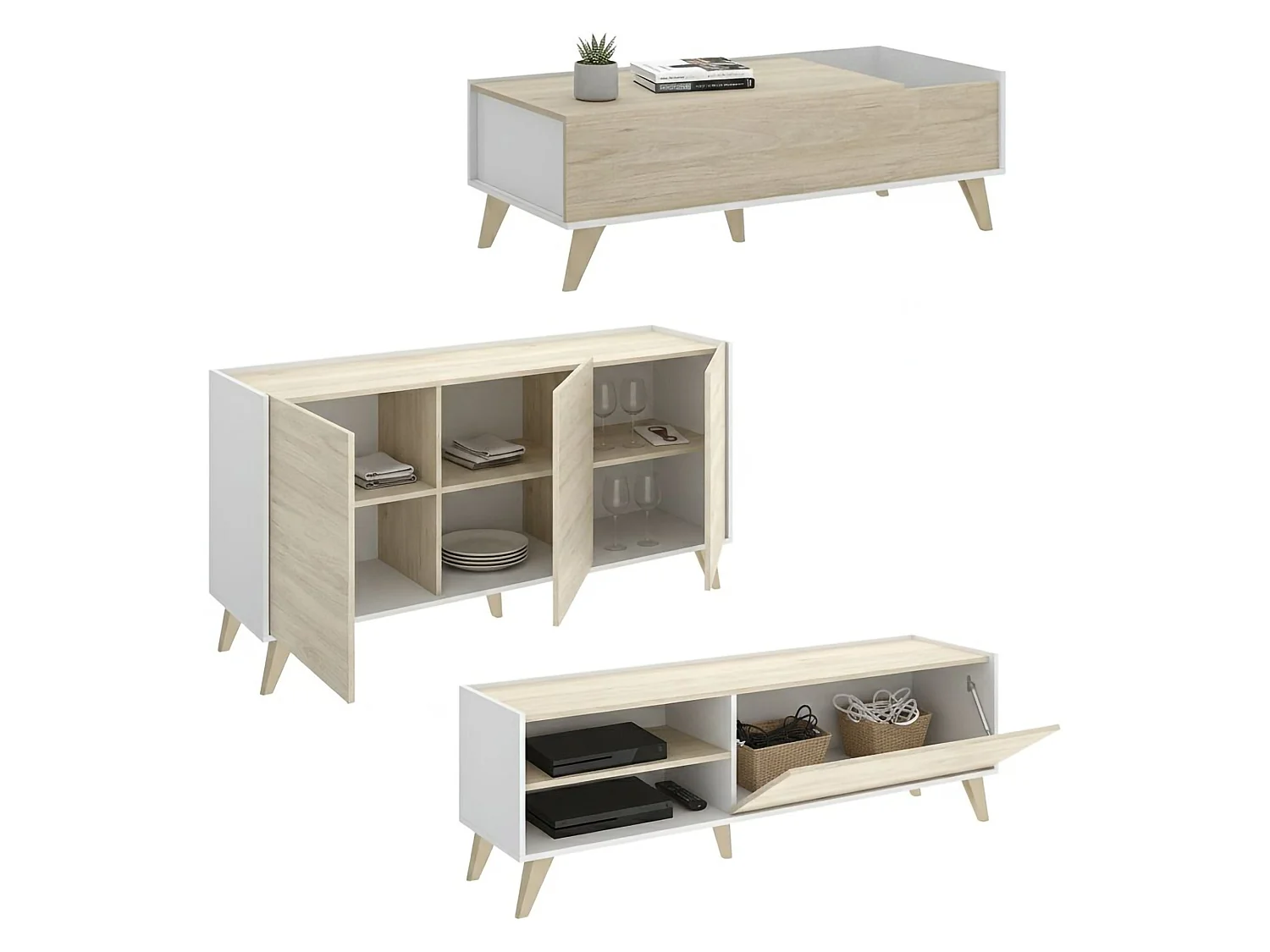 Set Mobili da Soggiorno Tellur, Modulabile, Marrone Rovere, 4 Ripiani, Apertura Battente, Sollevabile