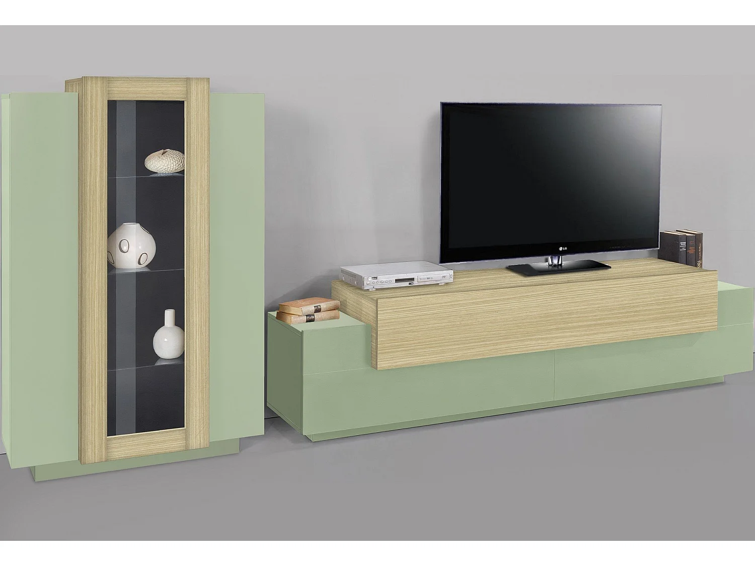 Parete Attrezzata Lazzate, Modulabile Made in Italy, Verde, Mobile Soggiorno, 10 Ripiani, Apertura a Ribalta, Battente